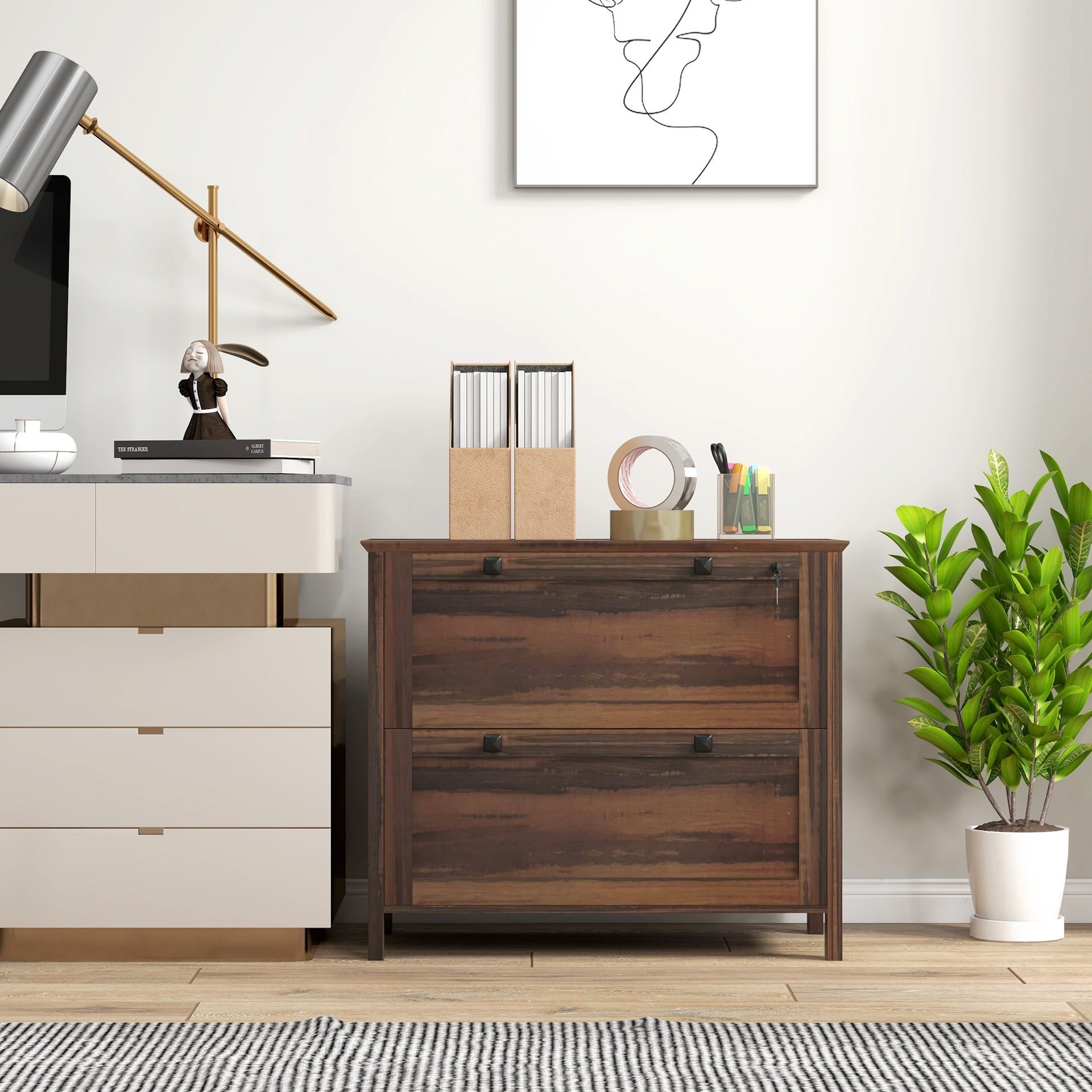 HOMCOM Lateral File Cabinet, 2 Drawer Filing Cabinet with Adjustable Hanging Bar for Letter, A4 and Legal Size, Brown