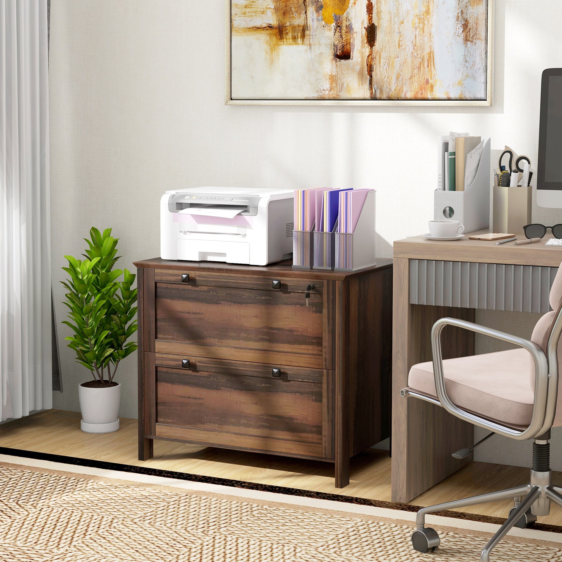 HOMCOM Lateral File Cabinet, 2 Drawer Filing Cabinet with Adjustable Hanging Bar for Letter, A4 and Legal Size, Brown
