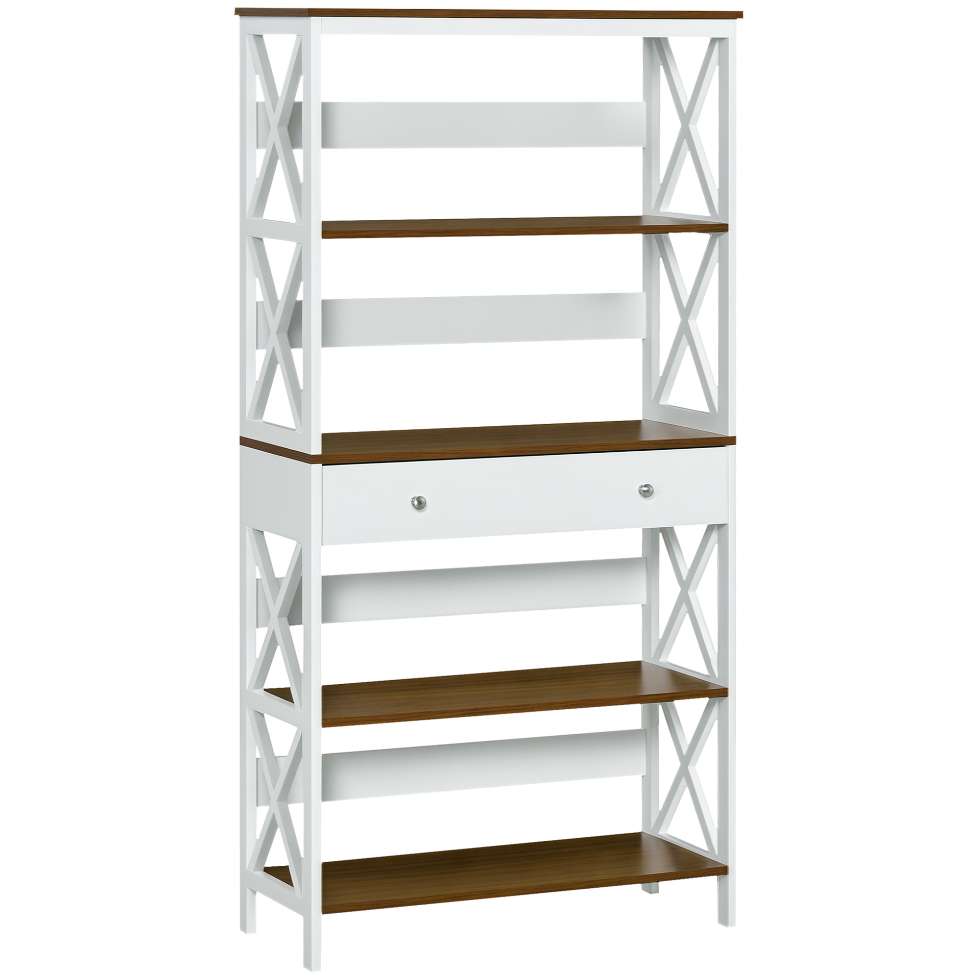 HOMCOM 4-Tier Shelving Bookcase Storage Cupboard with Pull Out Drawer, and Wooden Frame with X Bar Stability, White