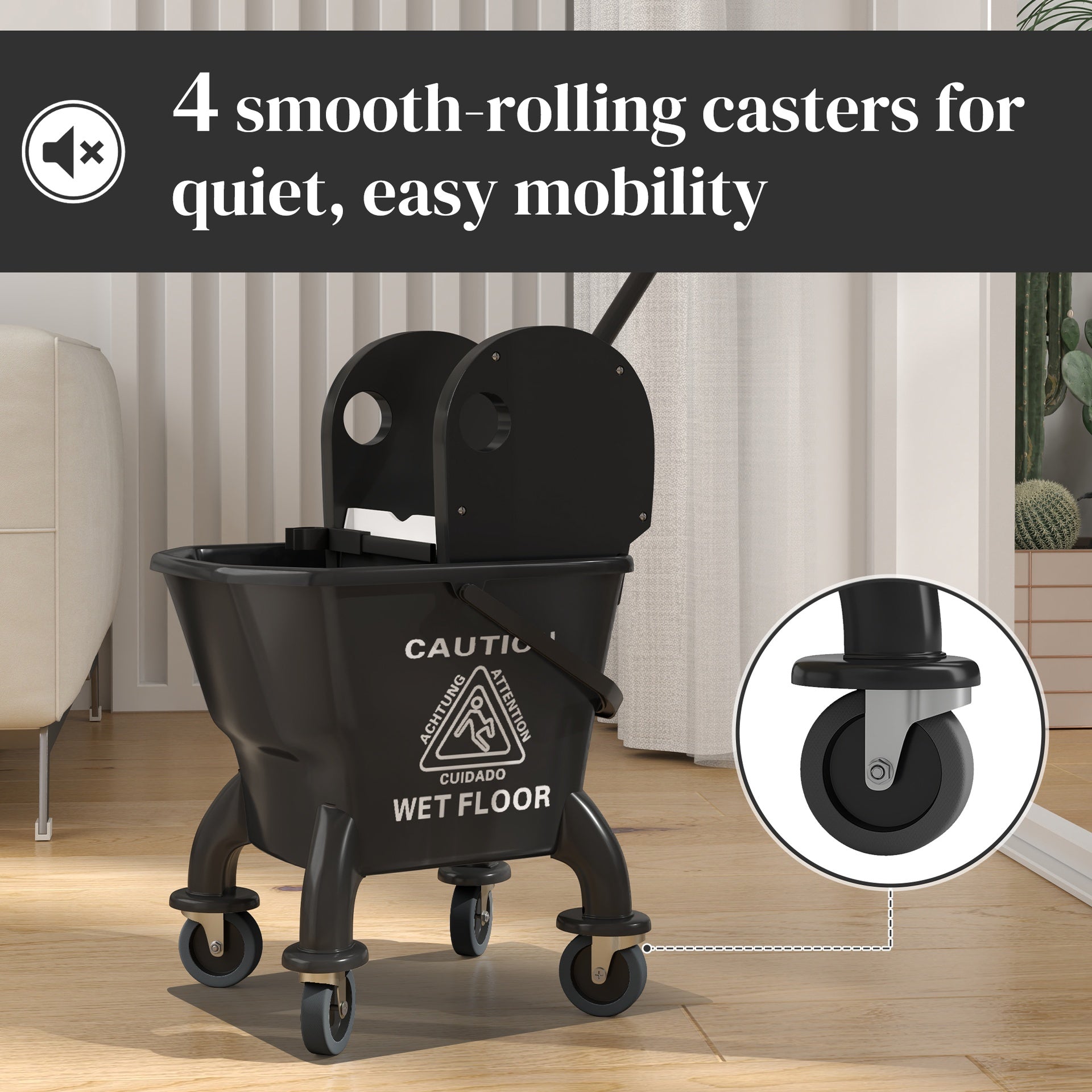 HOMCOM Mop Bucket with Wringer on Wheels for Floor Cleaning, 27.5 Quart Down Press Wringer with Handle and Mop, Black
