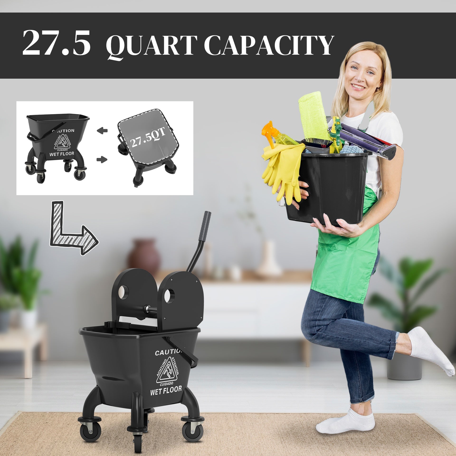 HOMCOM Mop Bucket with Wringer on Wheels for Floor Cleaning, 27.5 Quart Down Press Wringer with Handle and Mop, Black