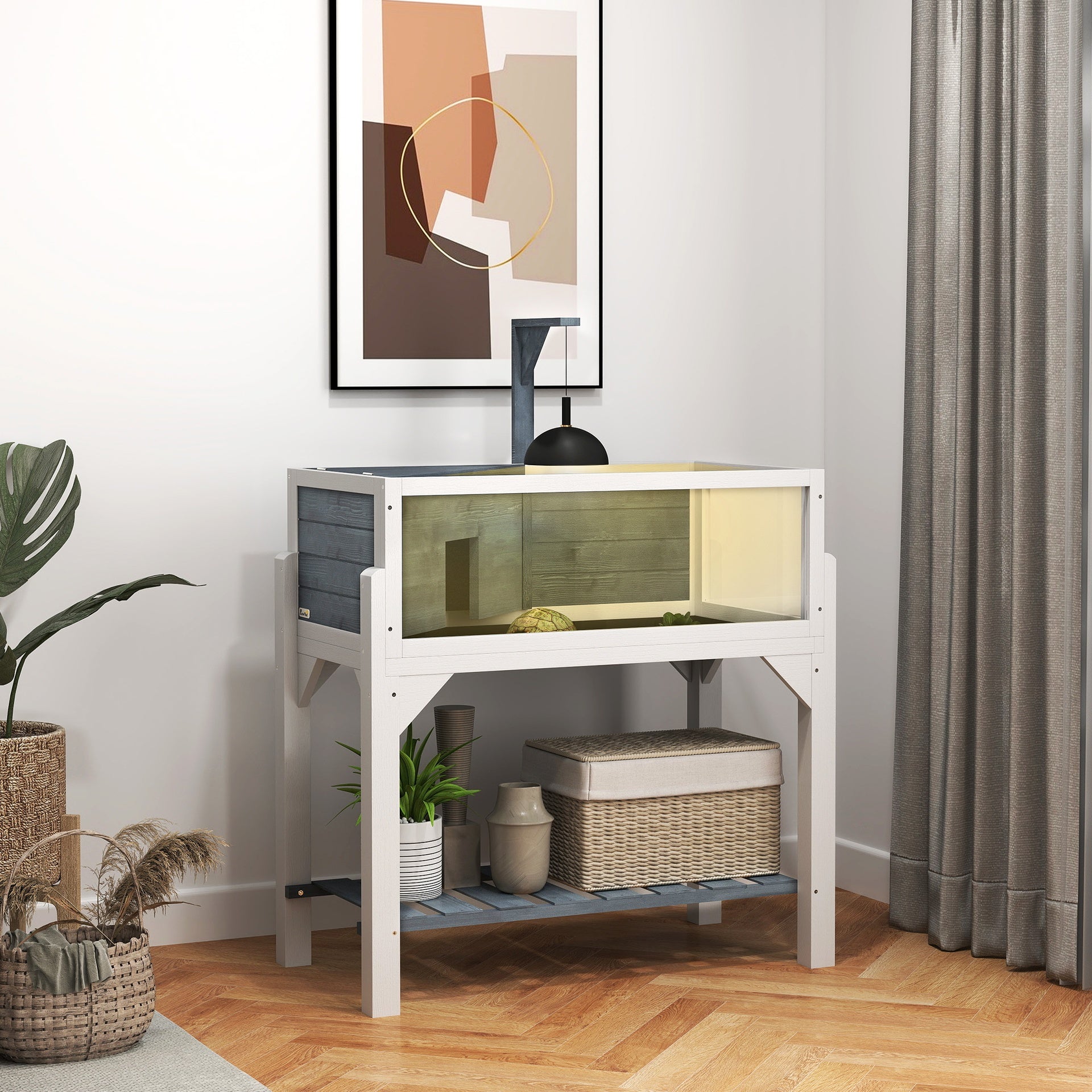 PawHut Wooden Tortoise Habitat with Storage Shelf, Tortoise Enclosure with Clear Windows, Openable Top, Lamp Holder, Gray