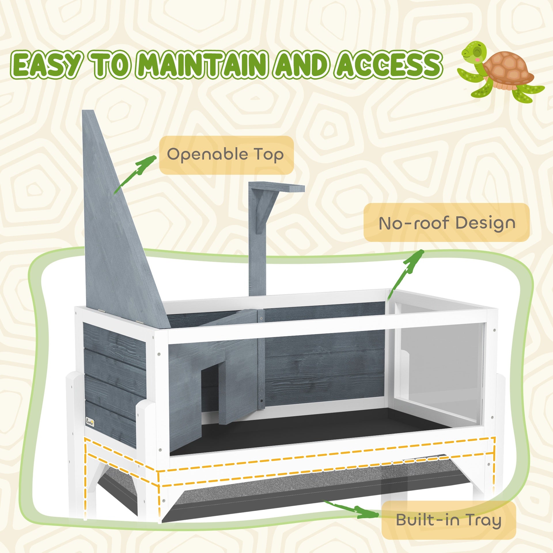PawHut Wooden Tortoise Habitat with Storage Shelf, Tortoise Enclosure with Clear Windows, Openable Top, Lamp Holder, Gray
