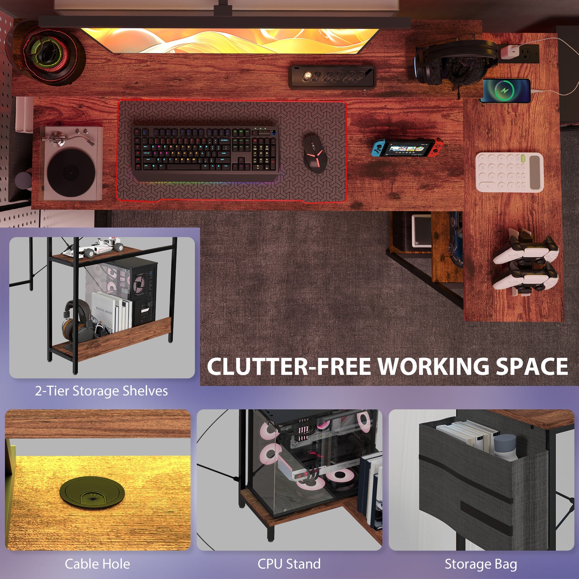 HOMCOM 58" Reversible L Shaped Computer Desk, Corner Desk with Monitor Stand, Power Outlets and LED Lights, Rustic Brown