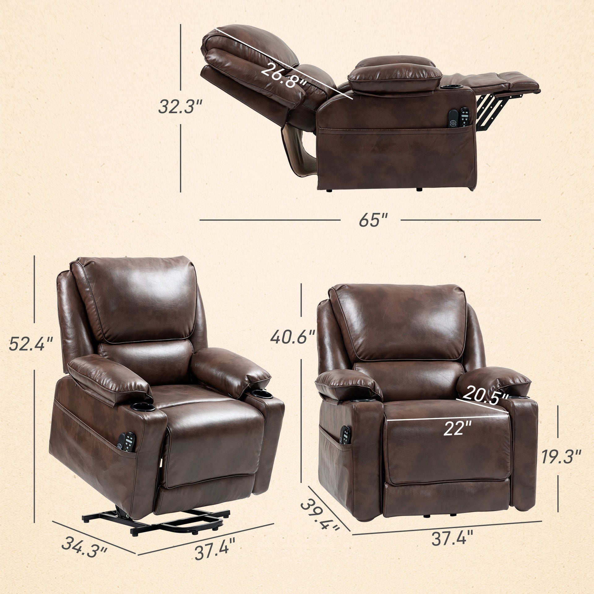 HOMCOM Power Lift Chair for Elderly, Faux Leather Recliner Sofa with Vibration Massage and Heat, Remote, Side Pockets, Brown