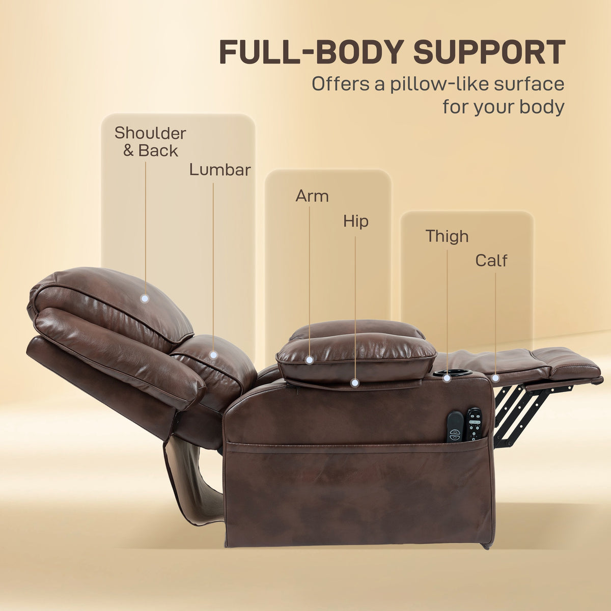HOMCOM Power Lift Chair for Elderly, Faux Leather Recliner Sofa with Vibration Massage and Heat, Remote, Side Pockets, Brown
