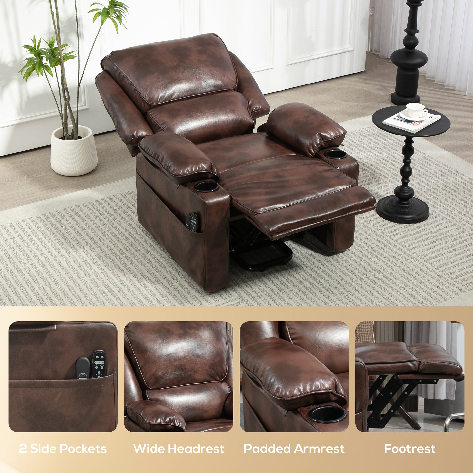HOMCOM Power Lift Chair for Elderly, Faux Leather Recliner Sofa with Vibration Massage and Heat, Remote, Side Pockets, Brown