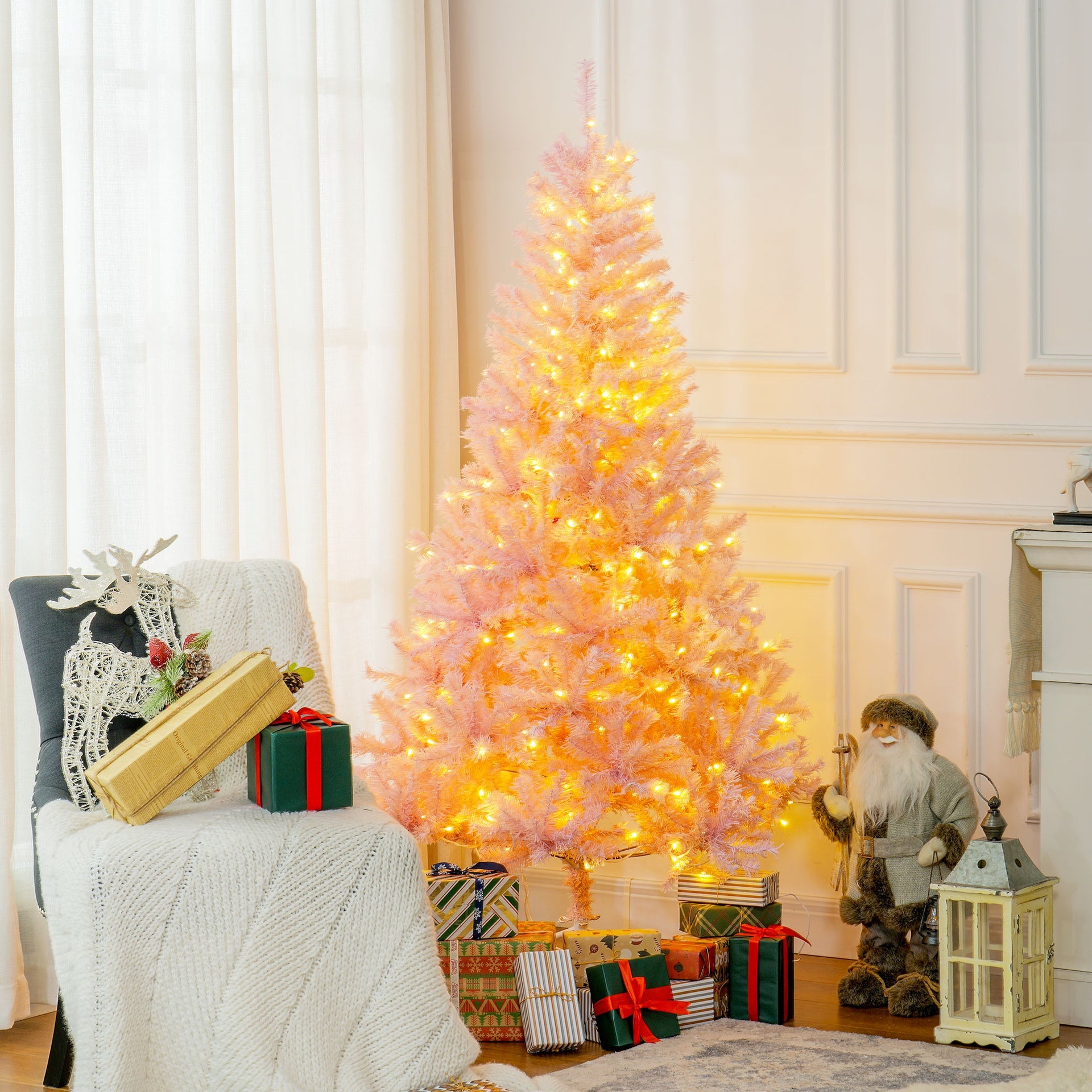 HOMCOM 6 FT Tall PreLit Artificial Christmas Tree with Realistic Branches, 250 Warm White LED Lights and 1000 Tips, Pink