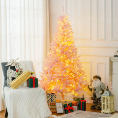 HOMCOM 6 FT Tall PreLit Artificial Christmas Tree with Realistic Branches, 250 Warm White LED Lights and 1000 Tips, Pink