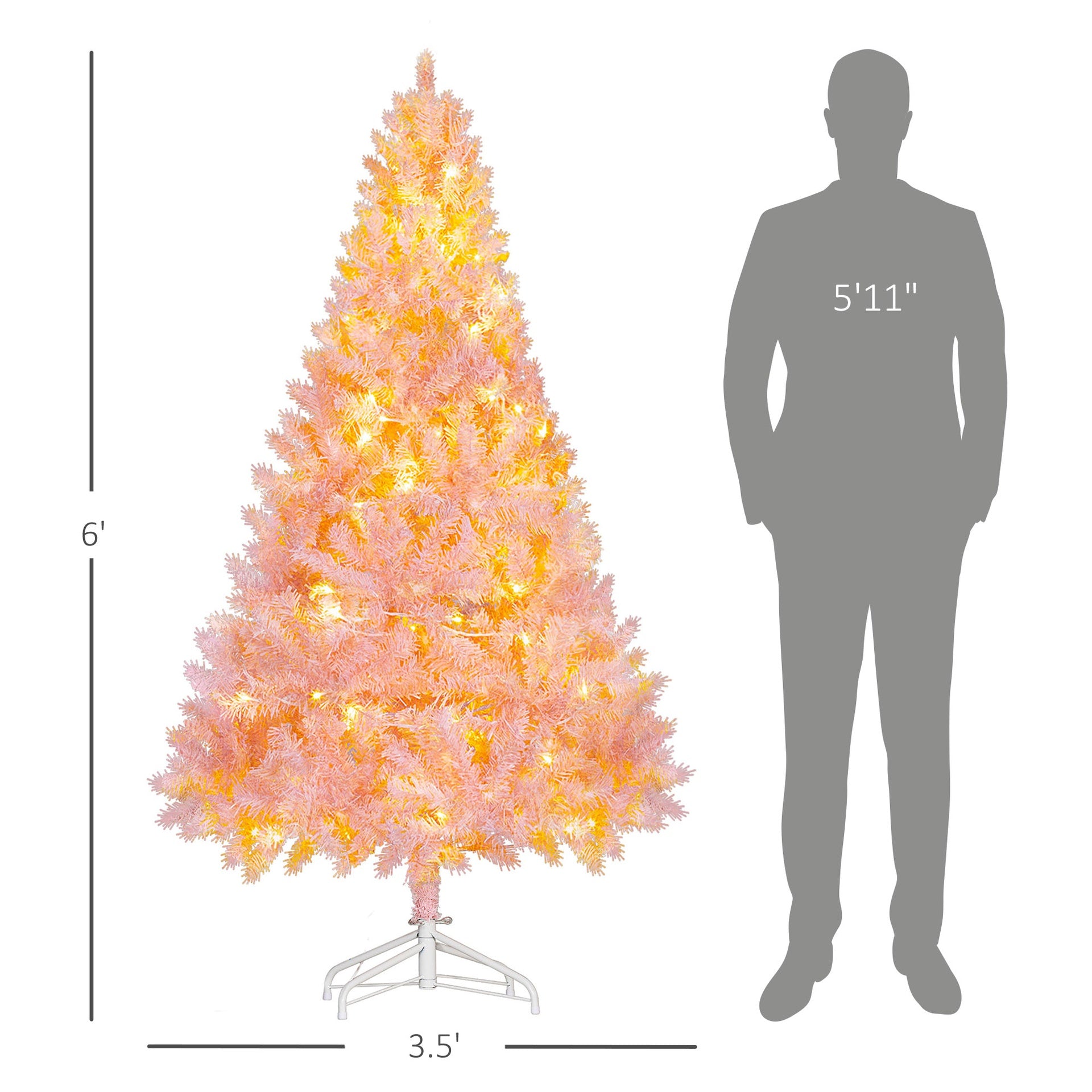 HOMCOM 6 FT Tall PreLit Artificial Christmas Tree with Realistic Branches, 250 Warm White LED Lights and 1000 Tips, Pink