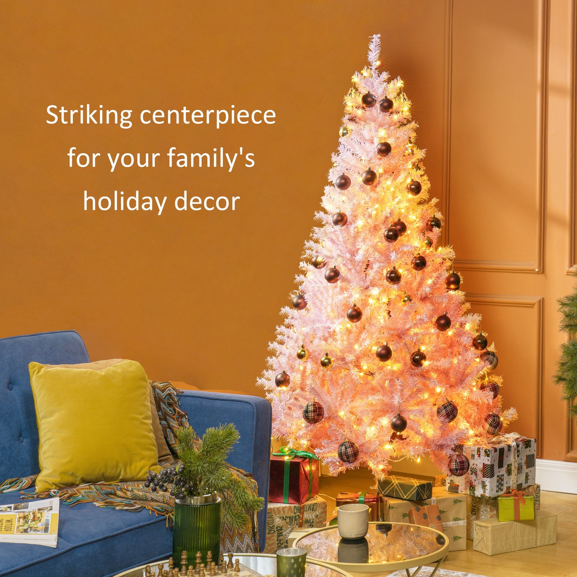 HOMCOM 6 FT Tall PreLit Artificial Christmas Tree with Realistic Branches, 250 Warm White LED Lights and 1000 Tips, Pink