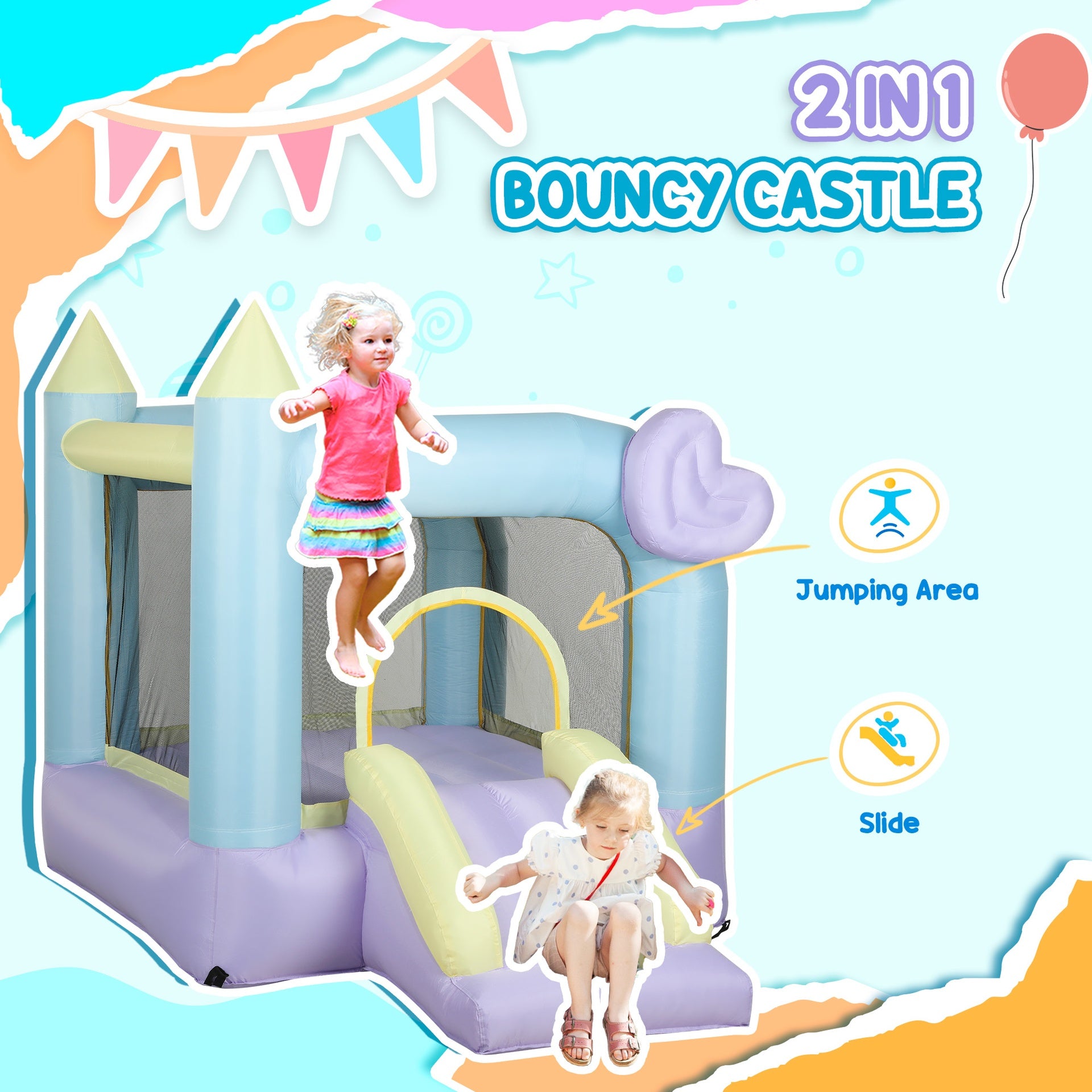 Qaba Inflatable Bounce House with Air Blower, Slide, Stakes, Repair Patches, Storage Bag, for Kids Ages 3-8, 98" x 65" x 79"