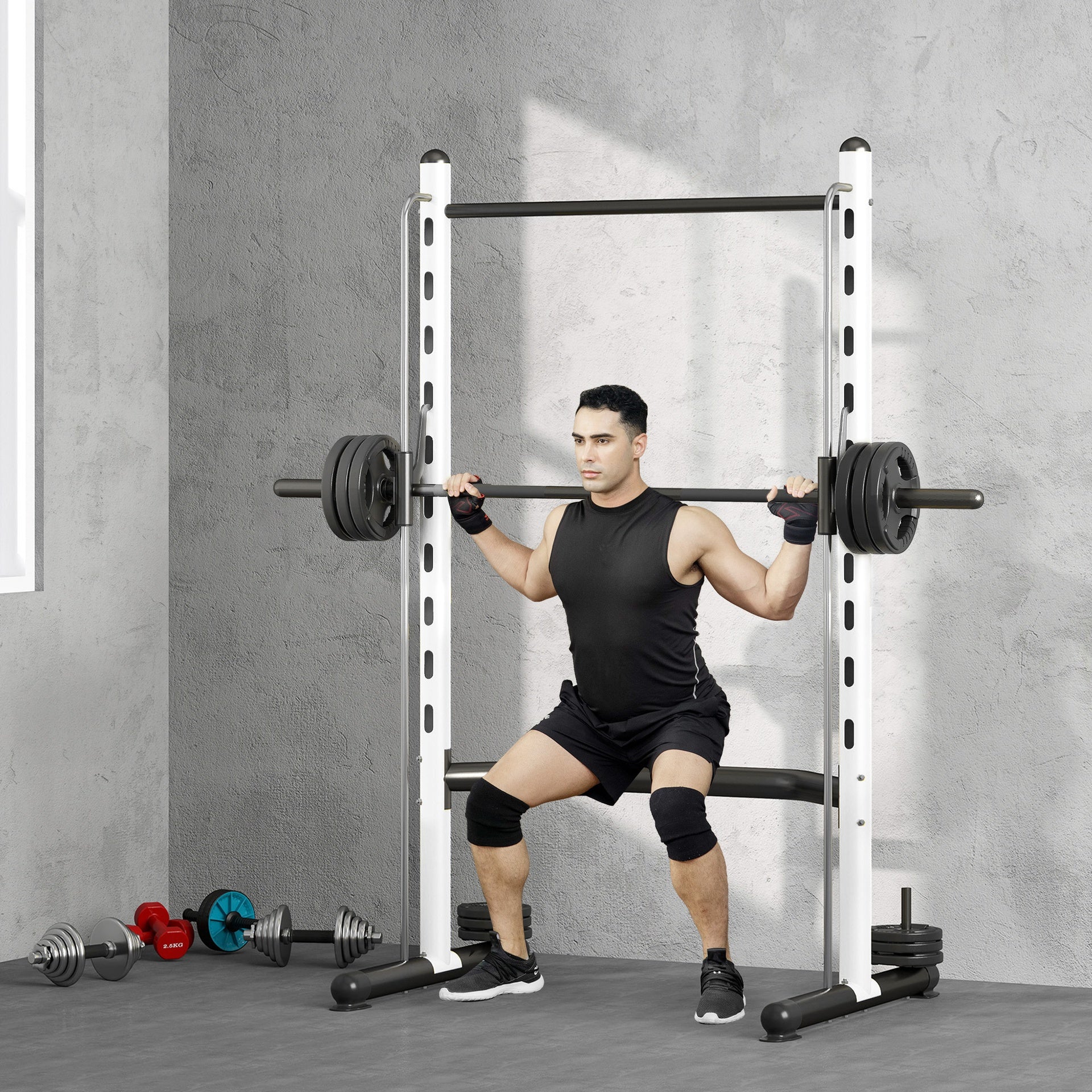 Soozier Squat Rack with Pull Up Bar and Barbell Bar Adjustable Bench Press Multi-Function Weight Lifting Half Rack, White