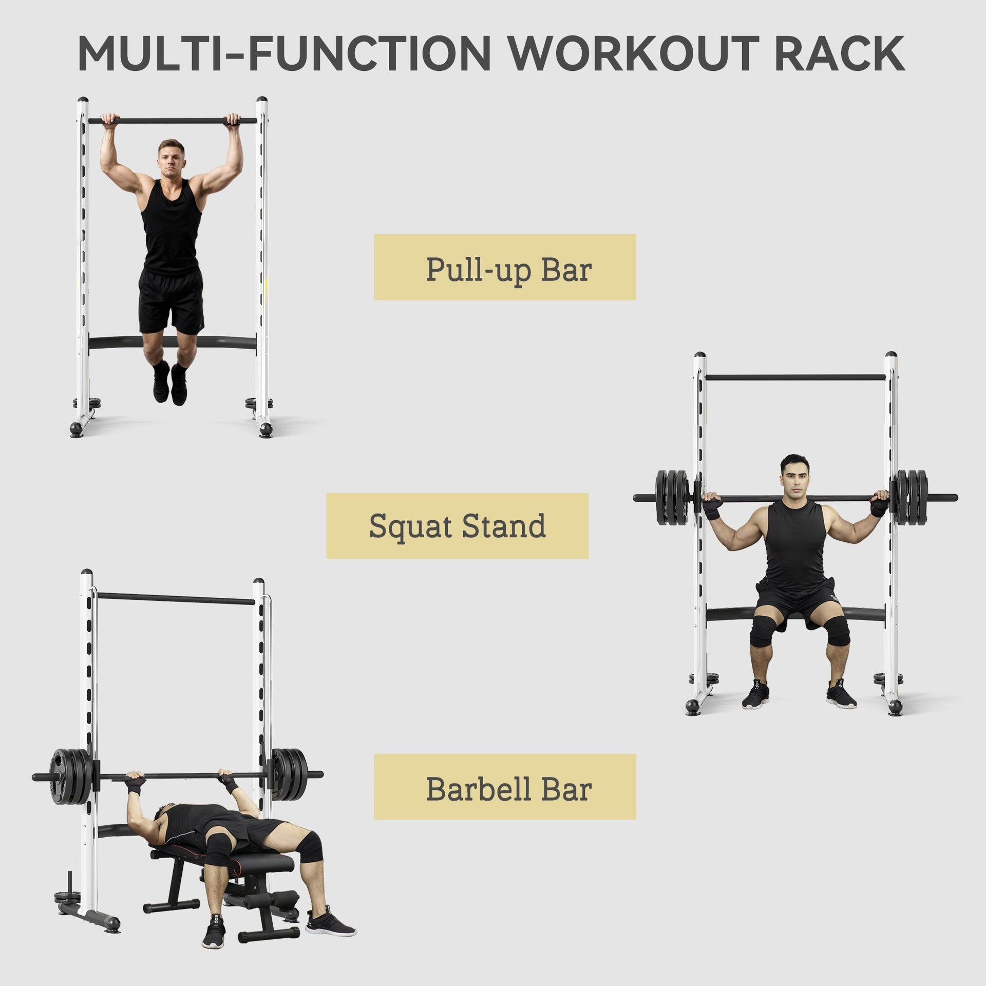 Soozier Squat Rack with Pull Up Bar and Barbell Bar Adjustable Bench Press Multi-Function Weight Lifting Half Rack, White