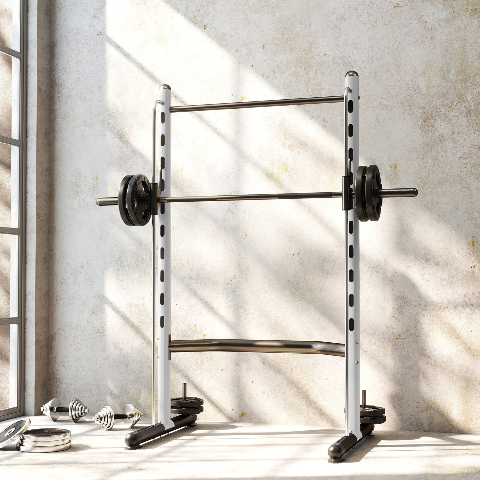 Soozier Squat Rack with Pull Up Bar and Barbell Bar Adjustable Bench Press Multi-Function Weight Lifting Half Rack, White