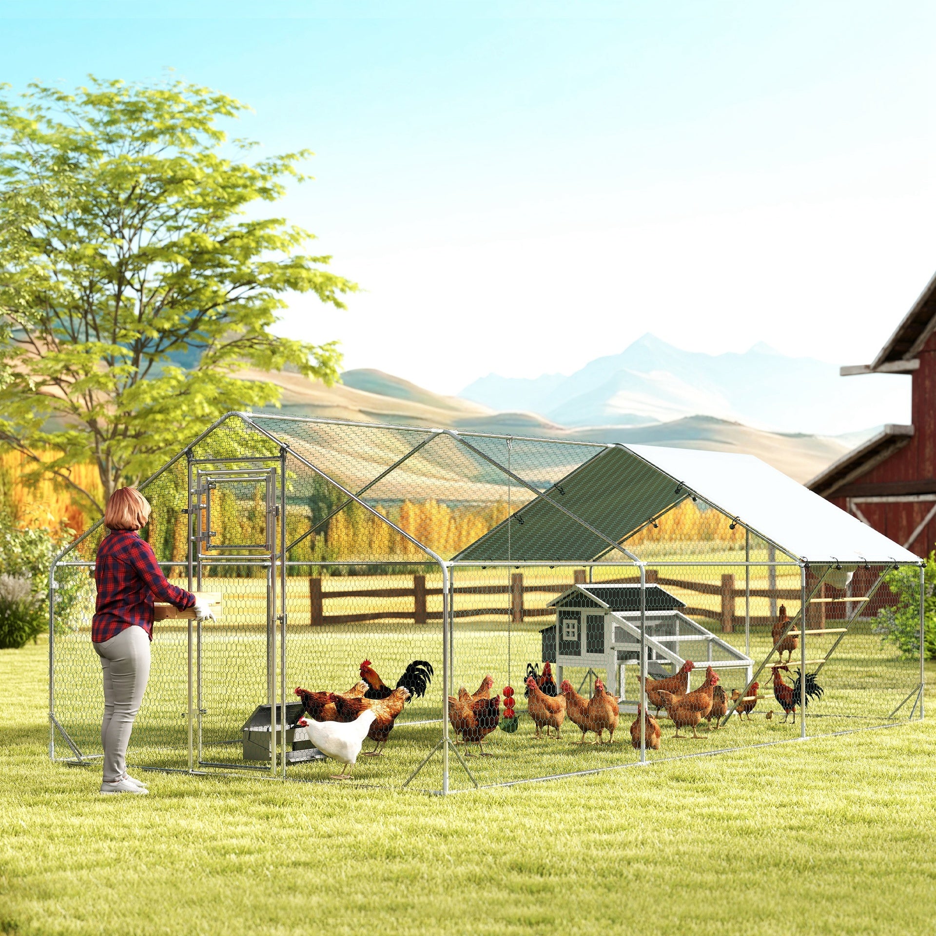 PawHut Metal Chicken Run w/ Waterproof & Anti-UV Cover, Feeding Door, Hanging Feeder, for 18-24 Chickens, 9.8' x 19.7' x 6.4'