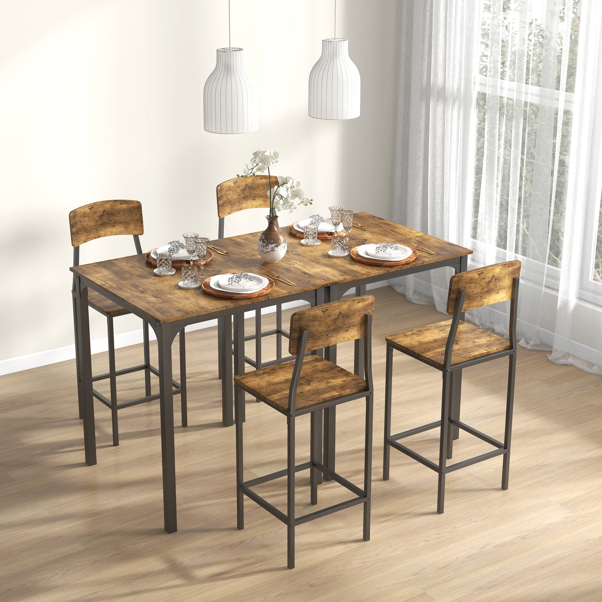 HOMCOM 3 Piece Pub Table and Chairs, Small Kitchen Table and Chairs, Square Dining Table with 2 Stools, Rustic Brown and Black