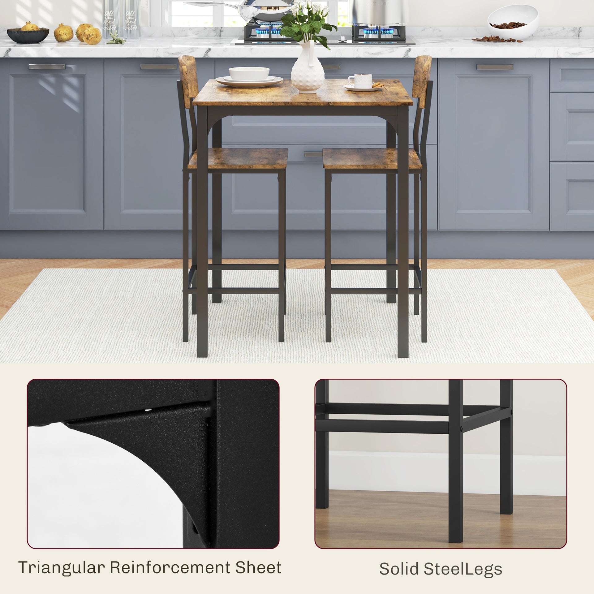HOMCOM 3 Piece Pub Table and Chairs, Small Kitchen Table and Chairs, Square Dining Table with 2 Stools, Rustic Brown and Black