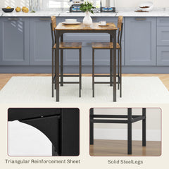 HOMCOM 3 Piece Pub Table and Chairs, Small Kitchen Table and Chairs, Square Dining Table with 2 Stools, Rustic Brown and Black