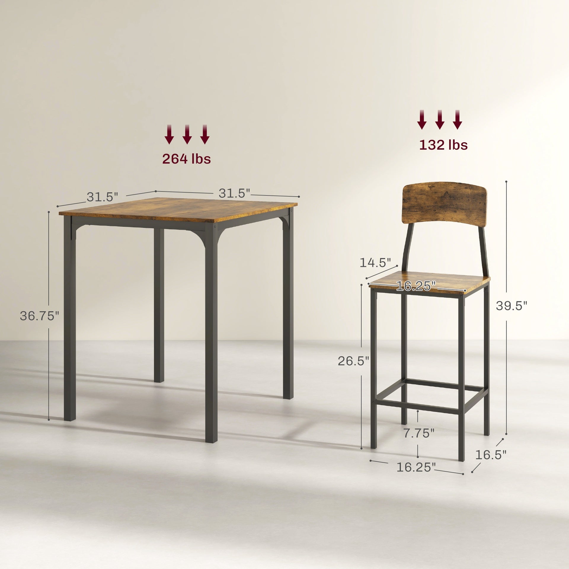 HOMCOM 3 Piece Pub Table and Chairs, Small Kitchen Table and Chairs, Square Dining Table with 2 Stools, Rustic Brown and Black