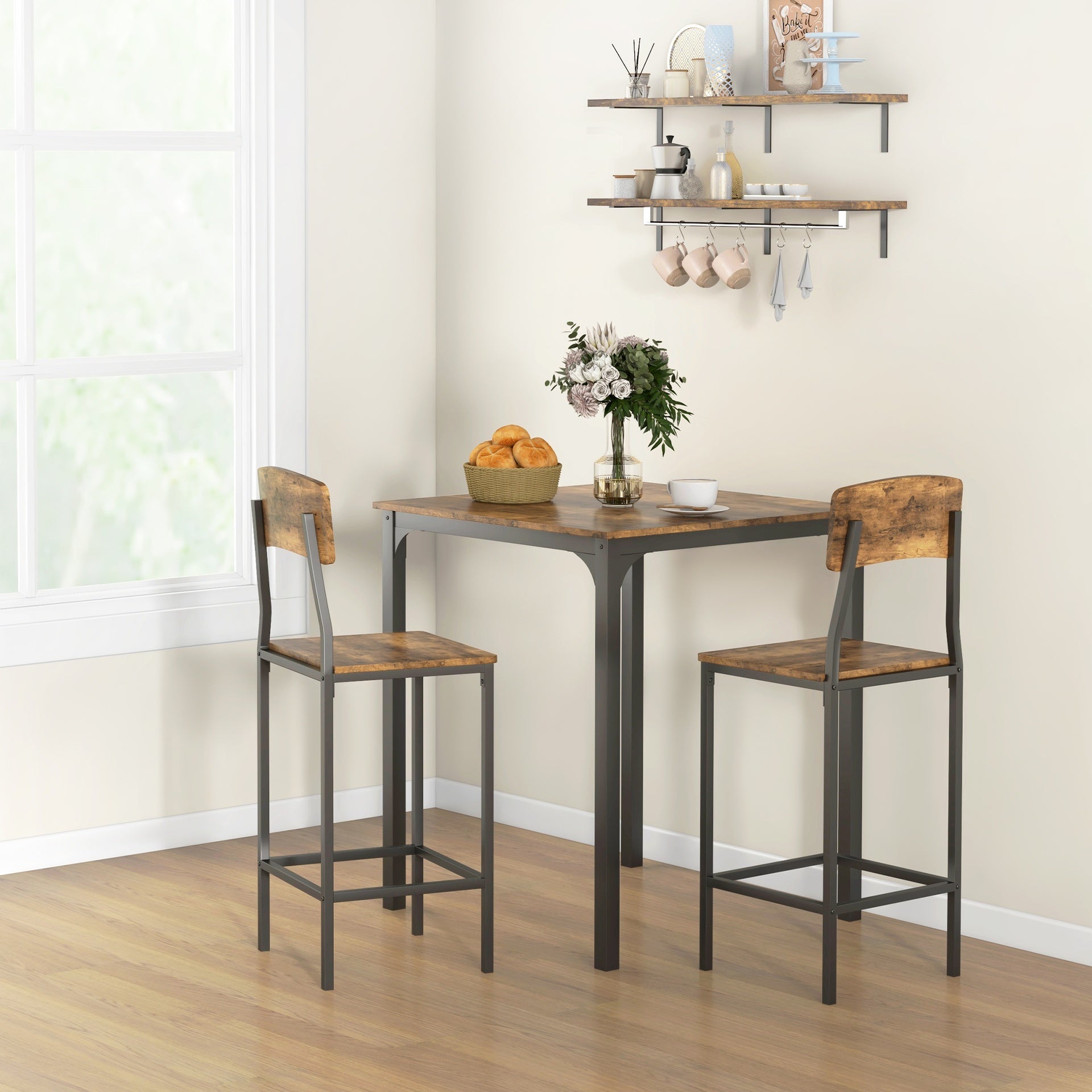 HOMCOM 3 Piece Pub Table and Chairs, Small Kitchen Table and Chairs, Square Dining Table with 2 Stools, Rustic Brown and Black