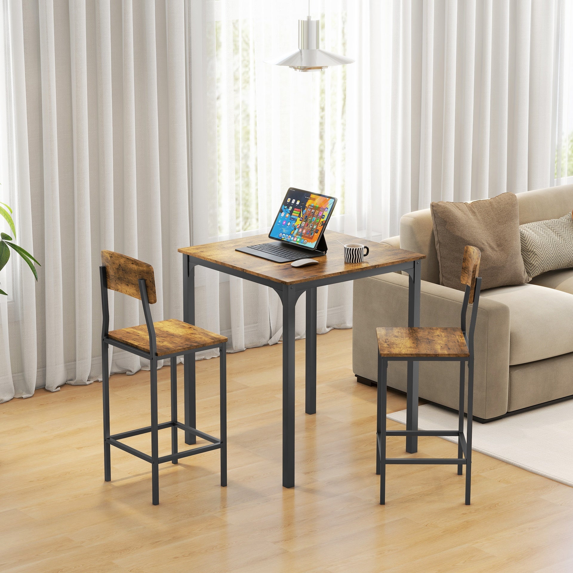 HOMCOM 3 Piece Pub Table and Chairs, Small Kitchen Table and Chairs, Square Dining Table with 2 Stools, Rustic Brown and Black