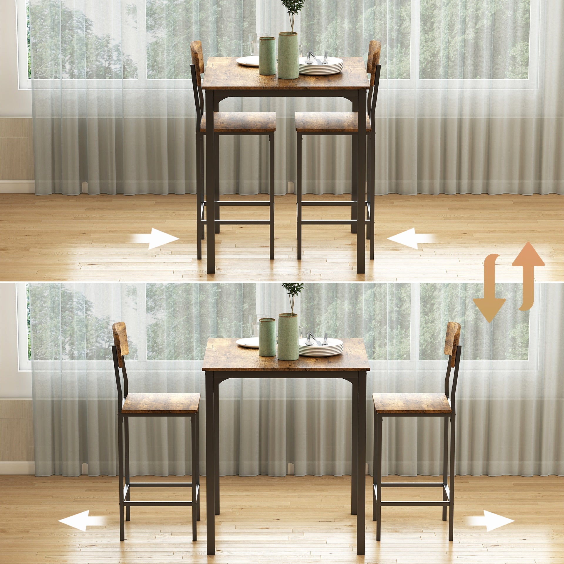 HOMCOM 3 Piece Pub Table and Chairs, Small Kitchen Table and Chairs, Square Dining Table with 2 Stools, Rustic Brown and Black