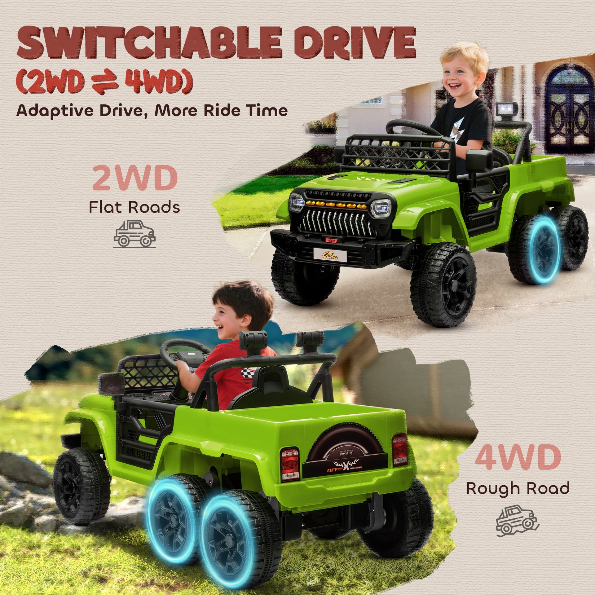 Qaba 12V 4x4 Kids Electric Car w/ 2WD/4WD Switchable, Remote Control, Spring Suspension System, Back Trailer, Camouflage