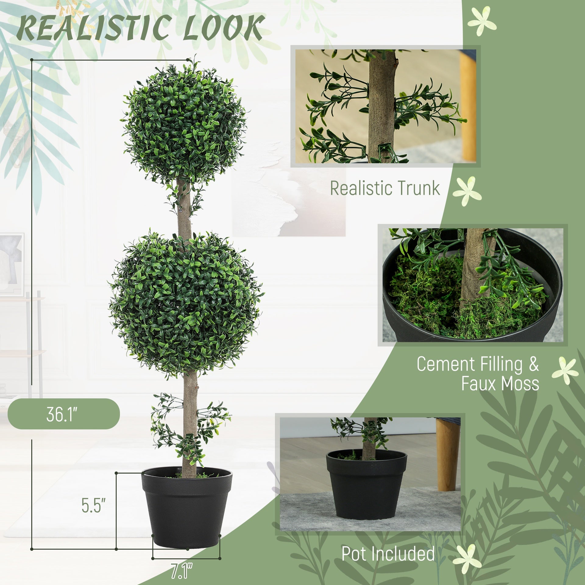 HOMCOM Set of 2 Artificial Ball Boxwood Topiary Trees, Fake Plants in Pot for Indoor Outdoor Living Room Green