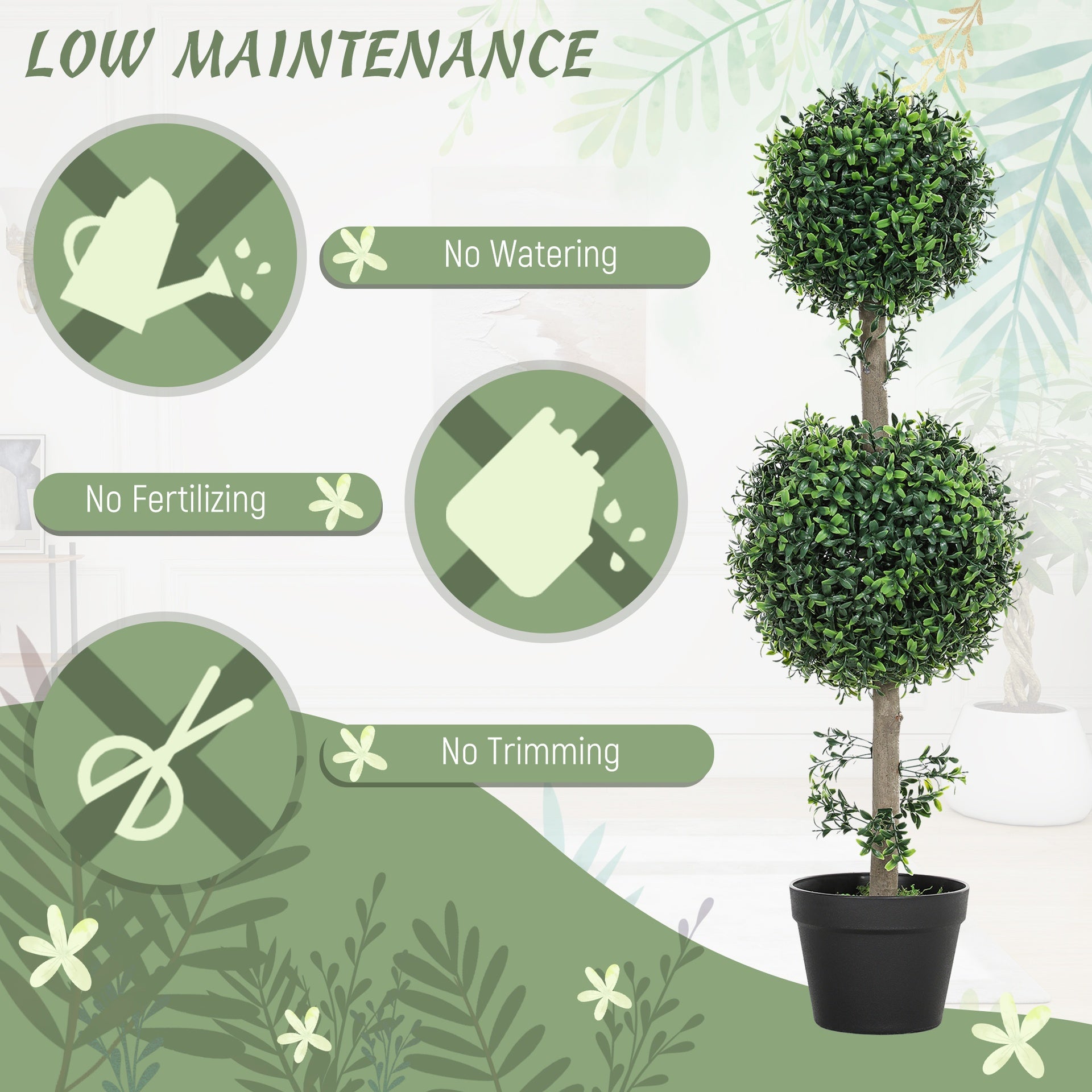 HOMCOM Set of 2 Artificial Ball Boxwood Topiary Trees, Fake Plants in Pot for Indoor Outdoor Living Room Green
