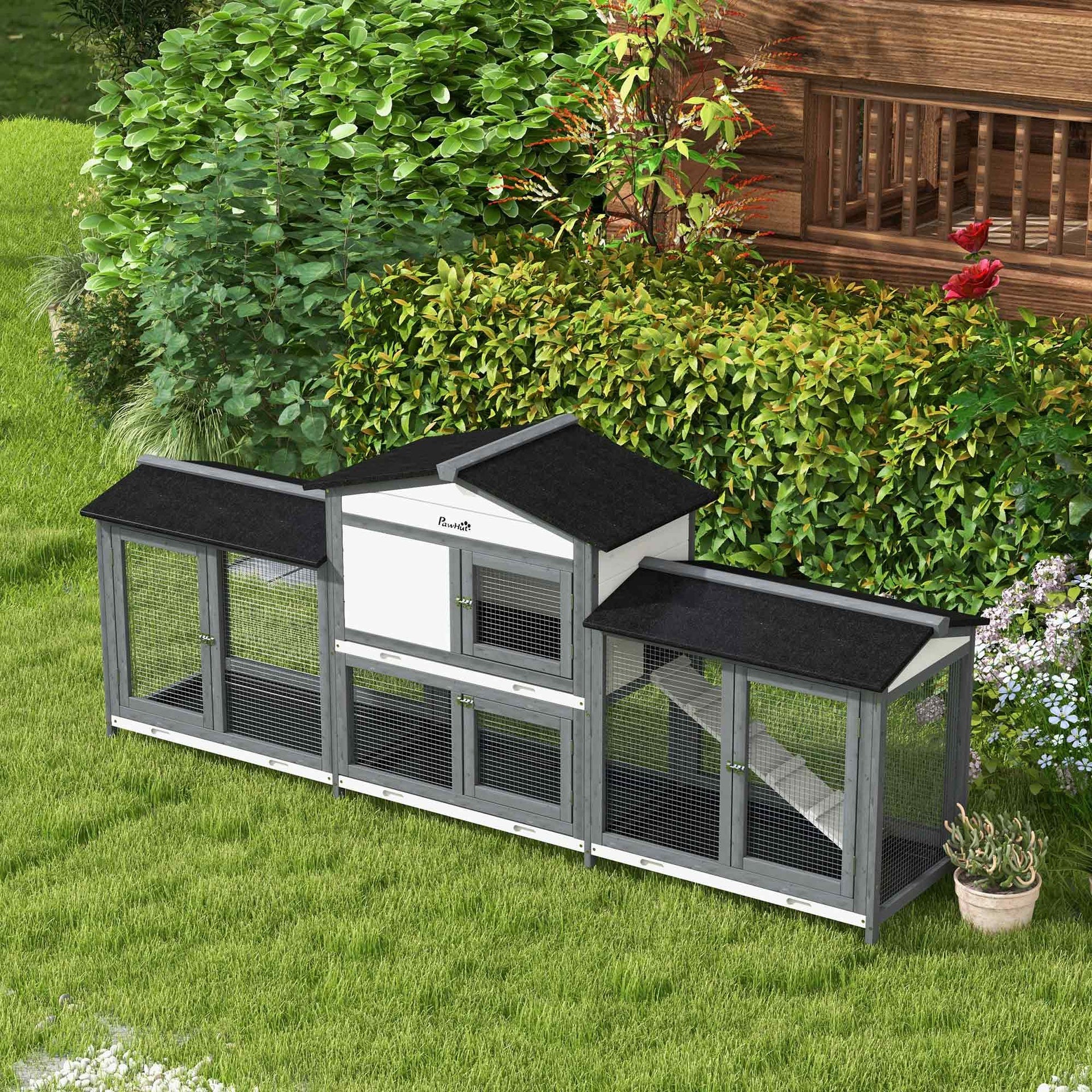 PawHut 90.5" Wooden Rabbit Hutch Bunny Cage Pet Playpen House Enclosure with Double Side Run Boxes, No Leak Tray, Ramp, for Rabbits, Chickens, Ducks, Guinea Pig and Small Animals, Light Gray