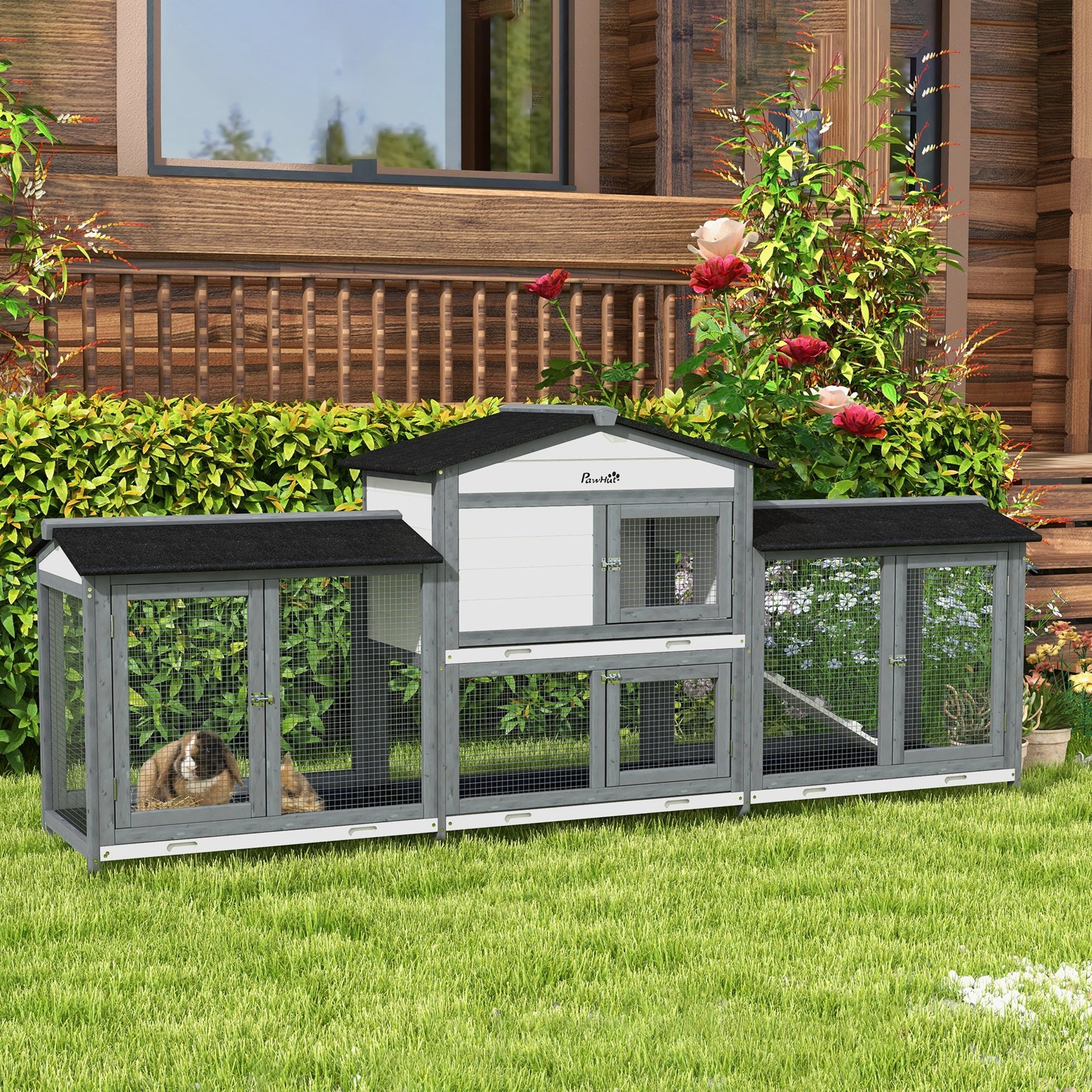 PawHut 90.5" Wooden Rabbit Hutch Bunny Cage Pet Playpen House Enclosure with Double Side Run Boxes, No Leak Tray, Ramp, for Rabbits, Chickens, Ducks, Guinea Pig and Small Animals, Light Gray
