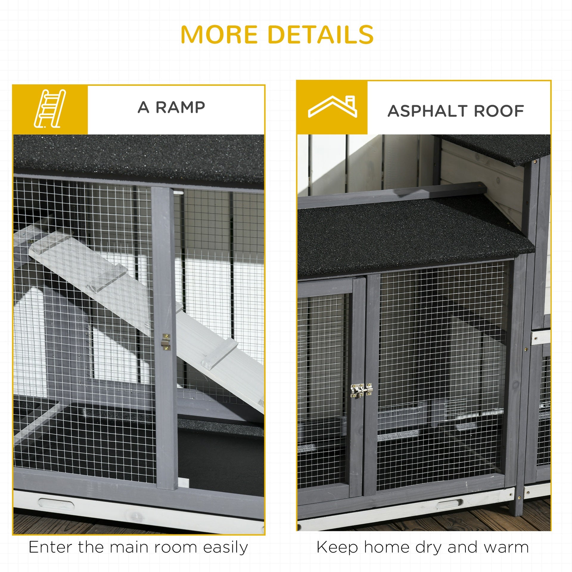 PawHut 90.5" Wooden Rabbit Hutch Bunny Cage Pet Playpen House Enclosure with Double Side Run Boxes, No Leak Tray, Ramp, for Rabbits, Chickens, Ducks, Guinea Pig and Small Animals, Light Gray