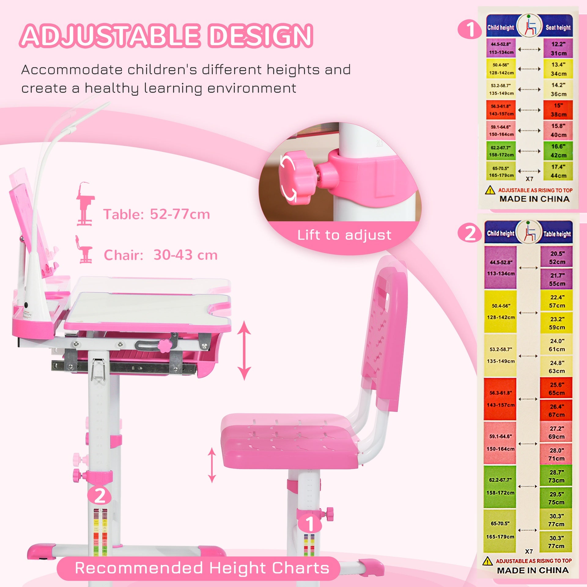 Qaba Kids Desk and Chair Set with USB Light, Storage Drawer, Pink