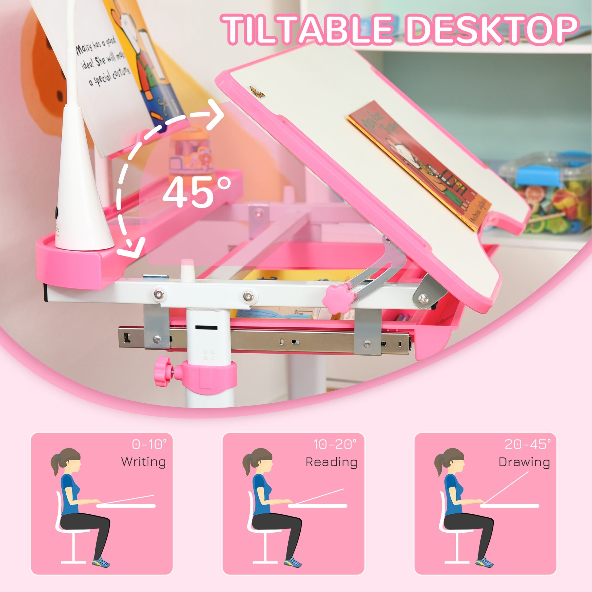 Qaba Kids Desk and Chair Set with USB Light, Storage Drawer, Pink