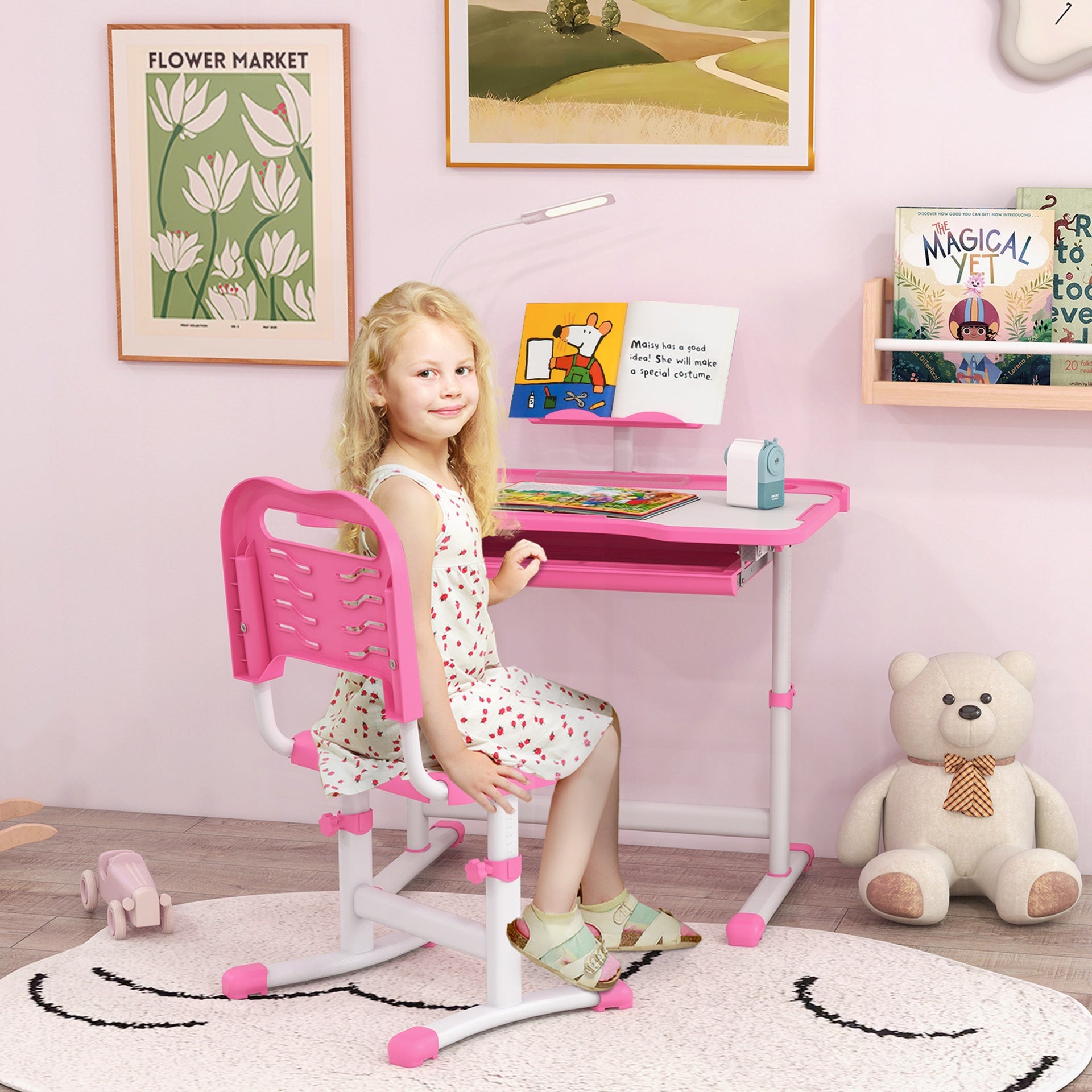 Qaba Kids Desk and Chair Set with USB Light, Storage Drawer, Pink