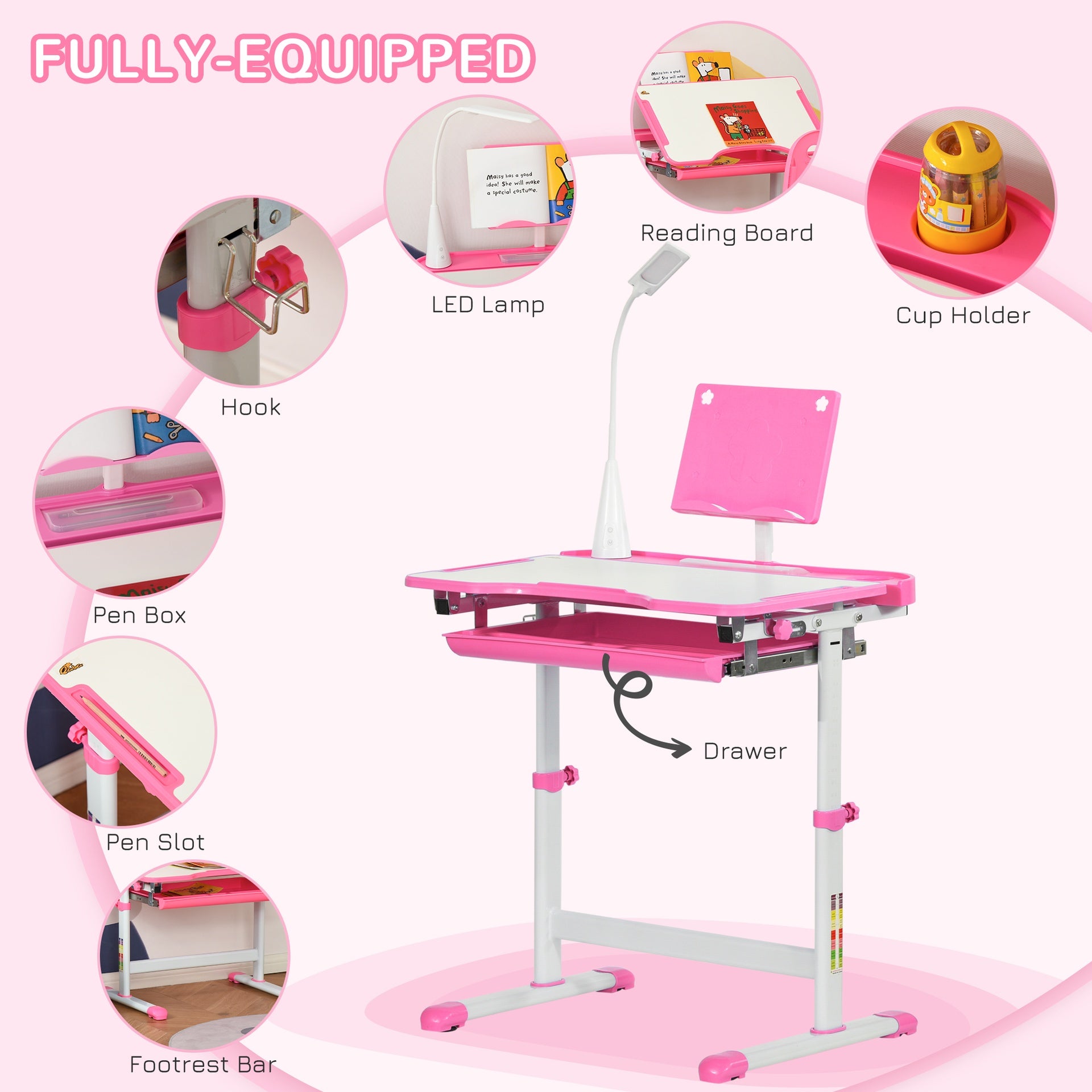 Qaba Kids Desk and Chair Set with USB Light, Storage Drawer, Pink