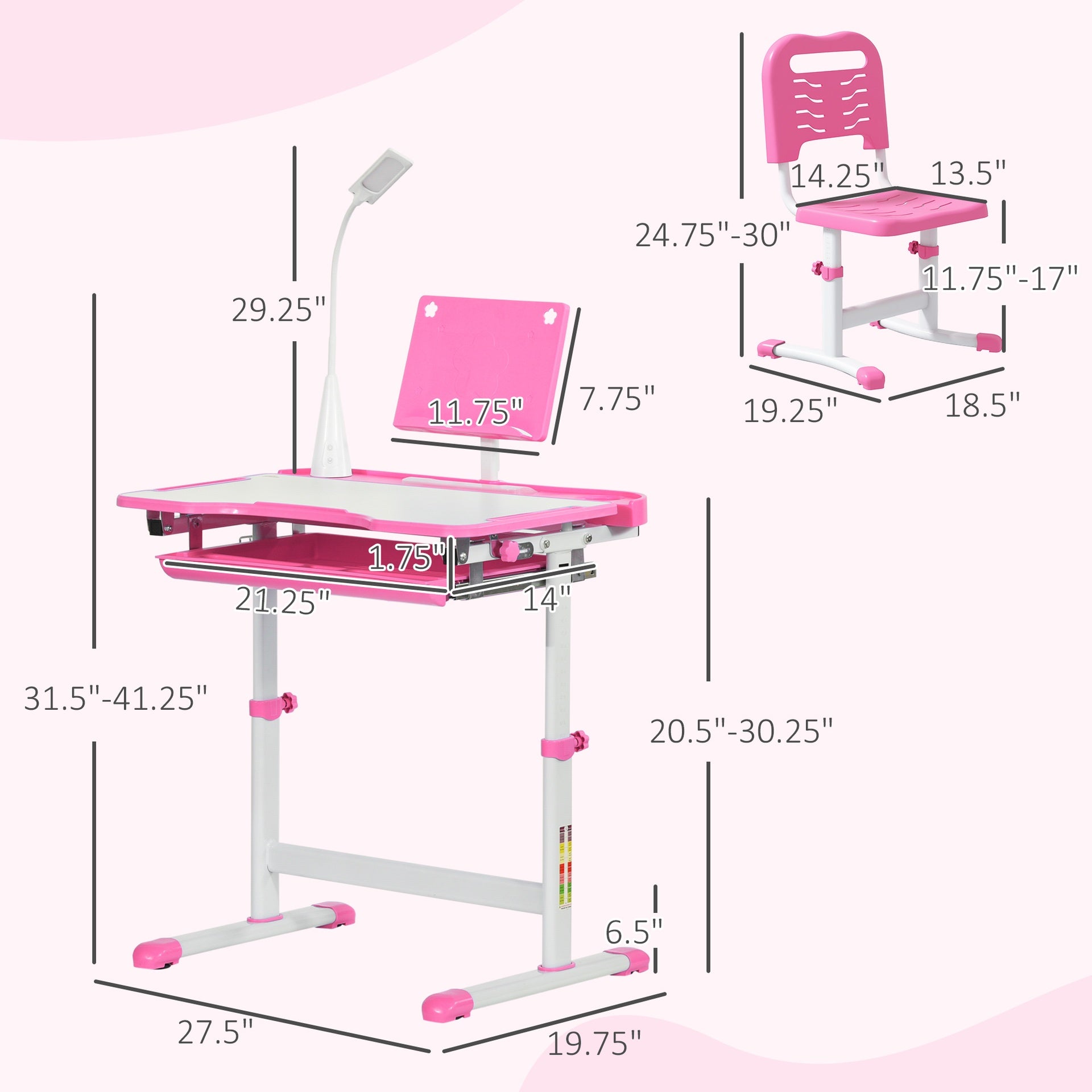 Qaba Kids Desk and Chair Set with USB Light, Storage Drawer, Pink
