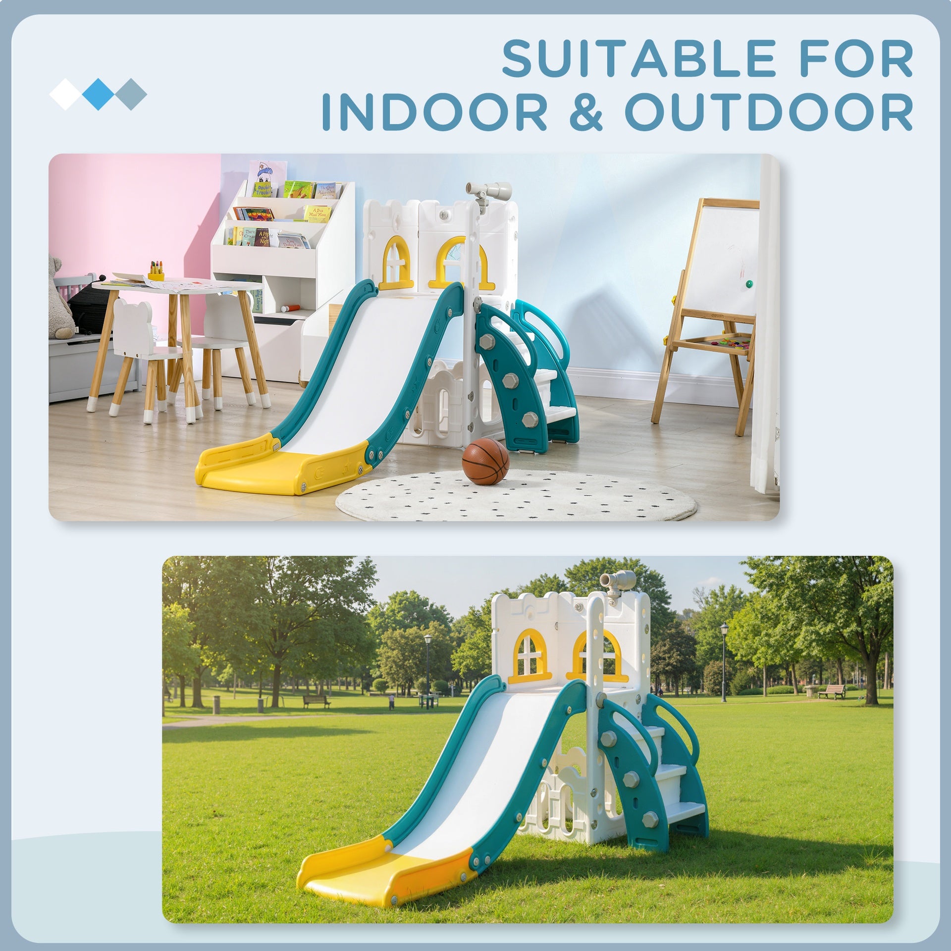 Qaba 5 in 1 Toddler Slide with Basketball Hoop, Climber, Telescope & Storage Baskets for 1-3 Years Olds, Yellow