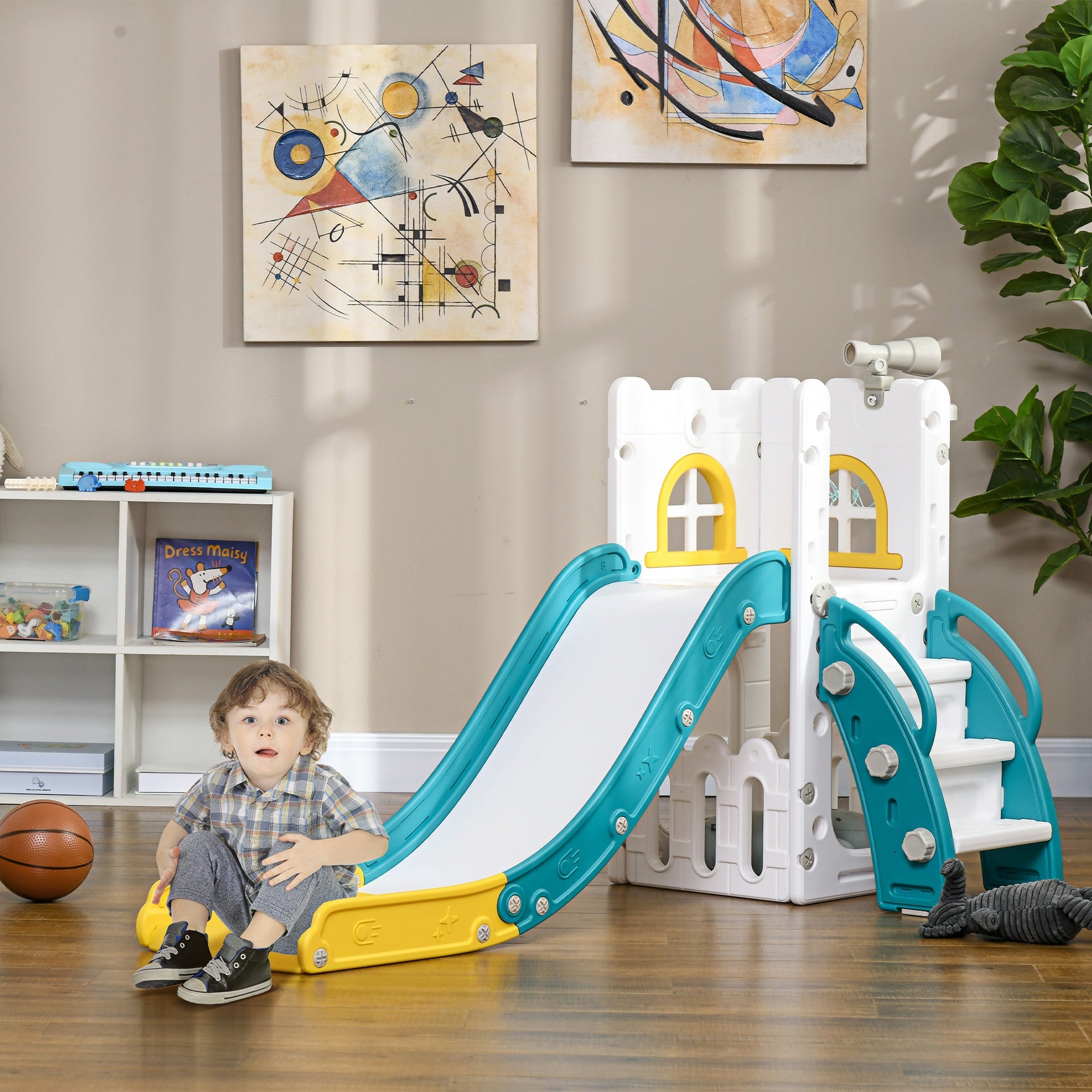 Qaba 5 in 1 Toddler Slide with Basketball Hoop, Climber, Telescope & Storage Baskets for 1-3 Years Olds, Yellow