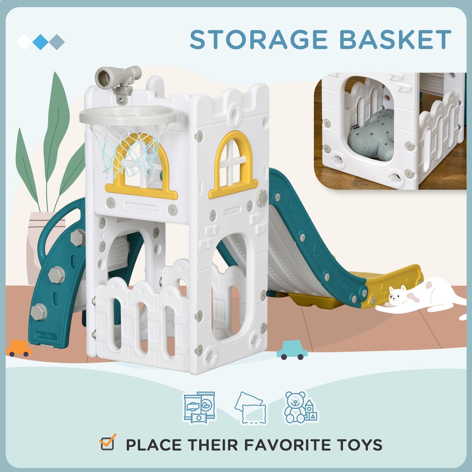 Qaba 5 in 1 Toddler Slide with Basketball Hoop, Climber, Telescope & Storage Baskets for 1-3 Years Olds, Yellow