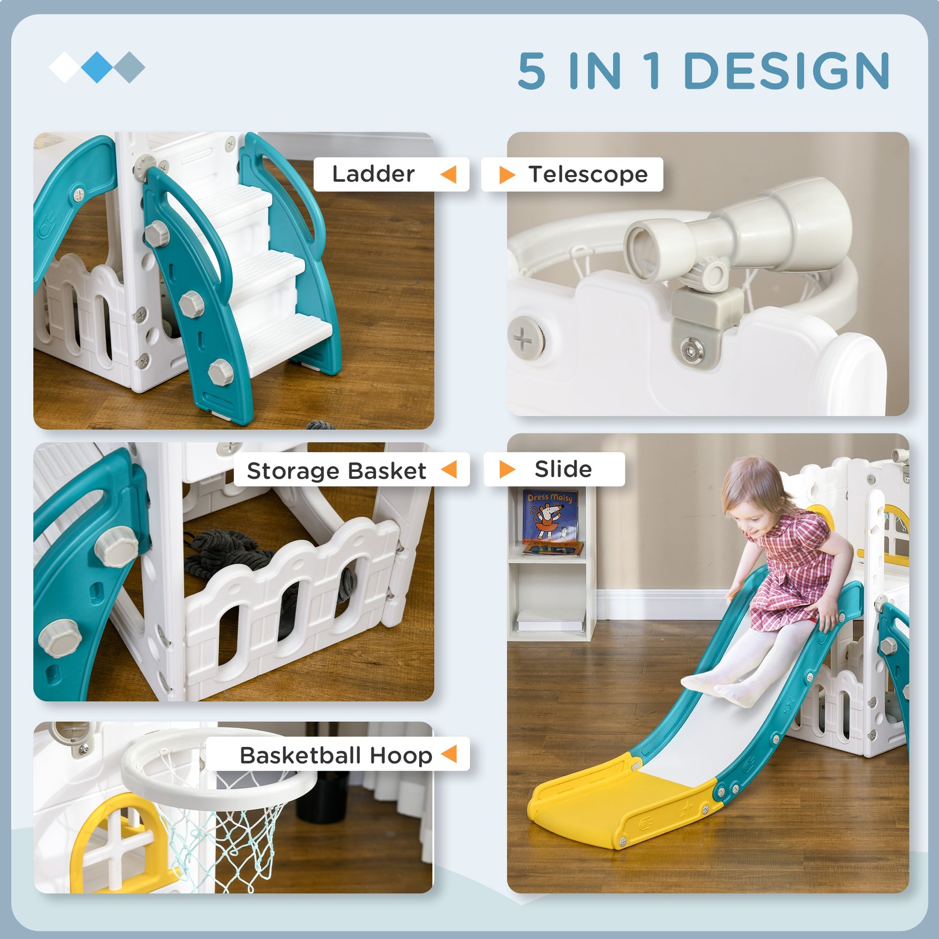 Qaba 5 in 1 Toddler Slide with Basketball Hoop, Climber, Telescope & Storage Baskets for 1-3 Years Olds, Yellow