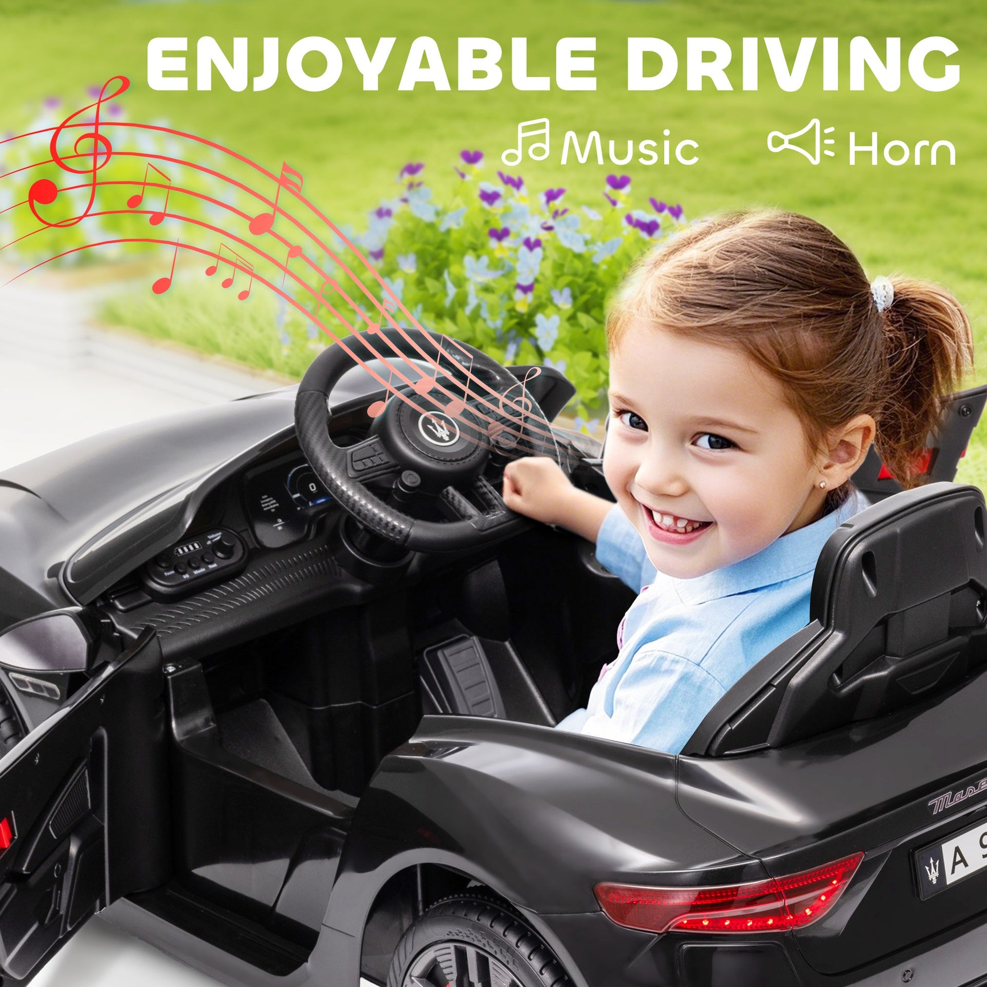 Qaba Maserati Gran Turismo Licensed 12V Kids Electric Car w/ Remote Control, Soft Start, LED Lights, Music, Horn, Black