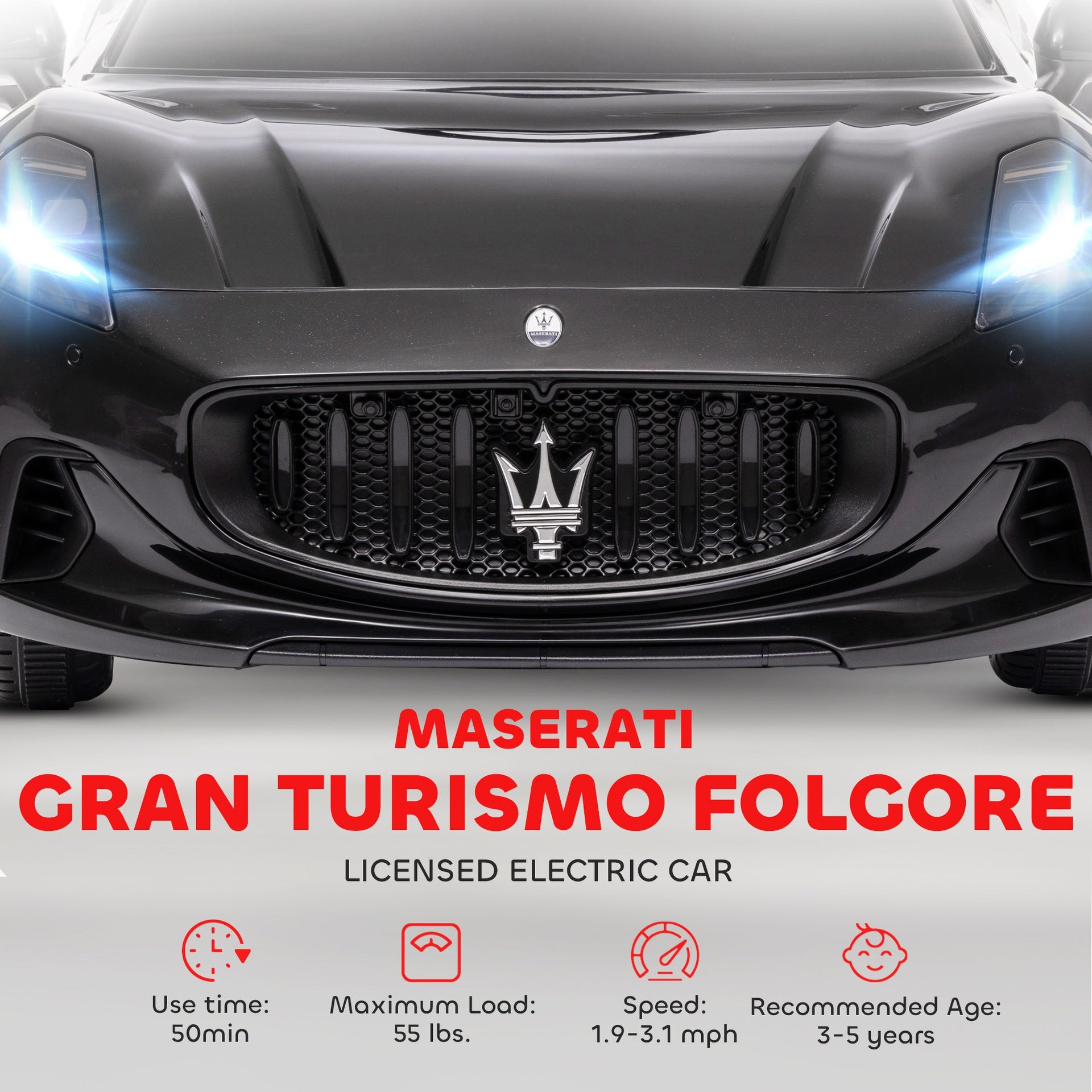 Qaba Maserati Gran Turismo Licensed 12V Kids Electric Car w/ Remote Control, Soft Start, LED Lights, Music, Horn, Black