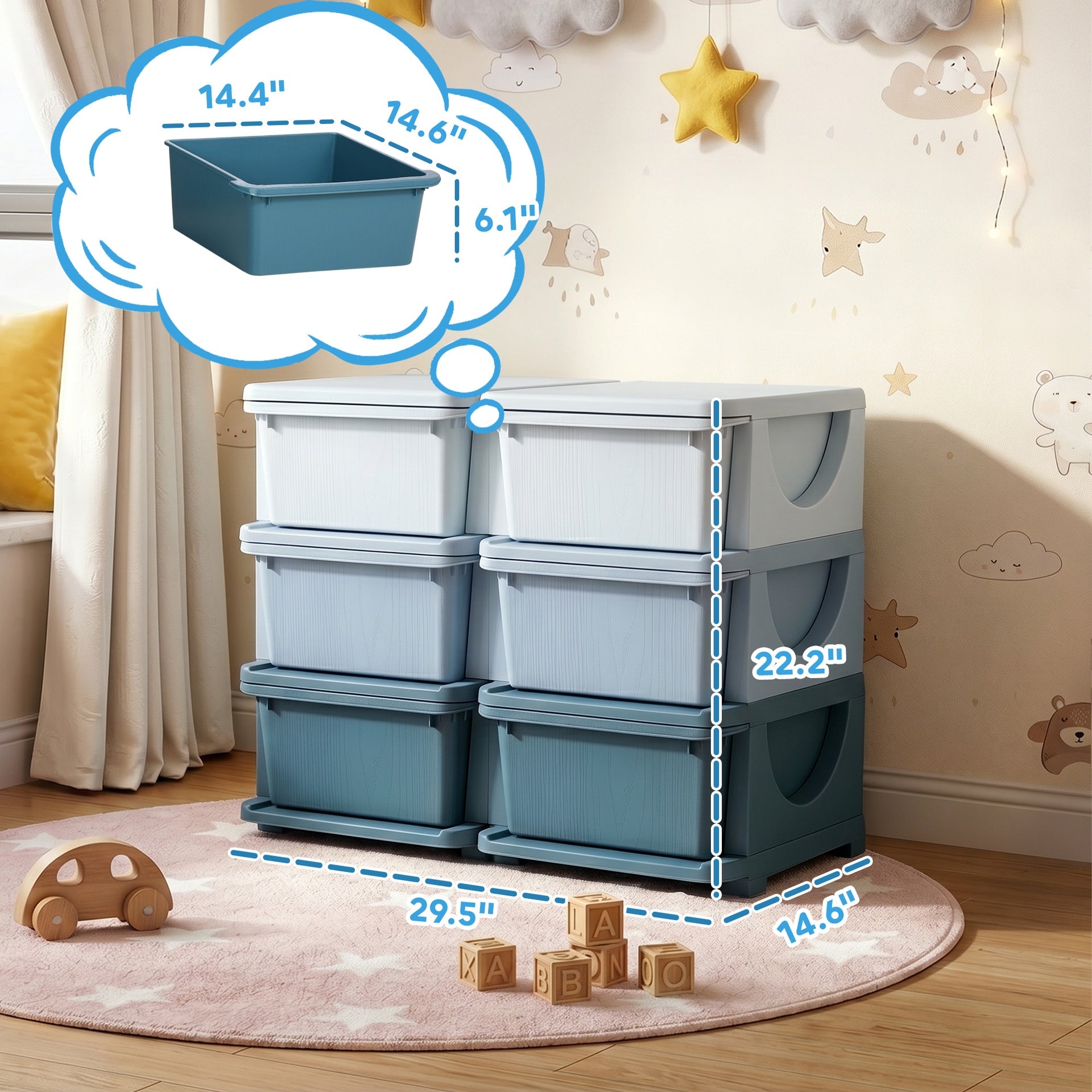 Qaba 3 Tier Kids Storage Unit, Toy Organizers and Storage with 6 Drawer Chest for Kids Bedroom Nursery Kindergarten Living Room for Boys Girls Toddlers, Blue