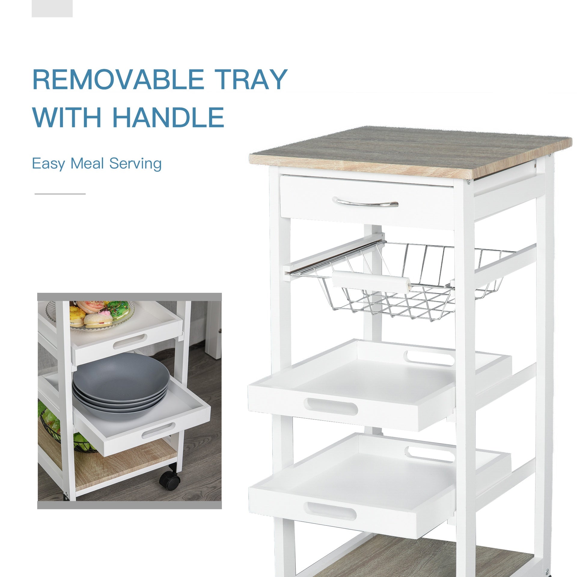 HOMCOM Mobile Kitchen Cart, Rolling Kitchen Island with Storage, Solid Wood Frame Utility Cart with Wire Fruit Baskets, Trays and Drawer, White