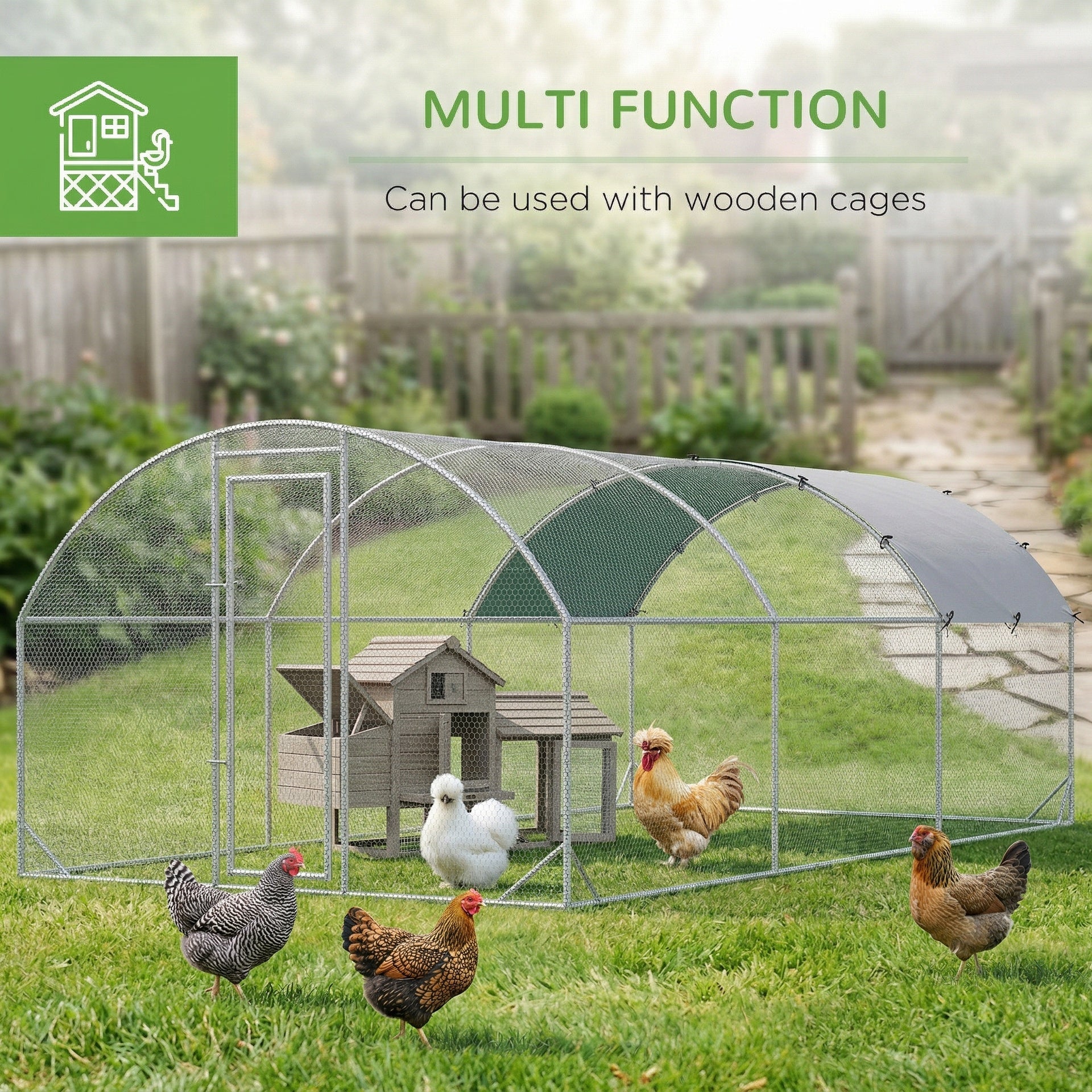 PawHut Large Chicken Coop Metal Chicken Run with Waterproof and Anti-UV Cover, Dome Shaped Walk-in Fence Cage Hen House for Outdoor and Yard Farm Use, 1" Tube Diameter, 9.2' x 18.7' x 6.5'