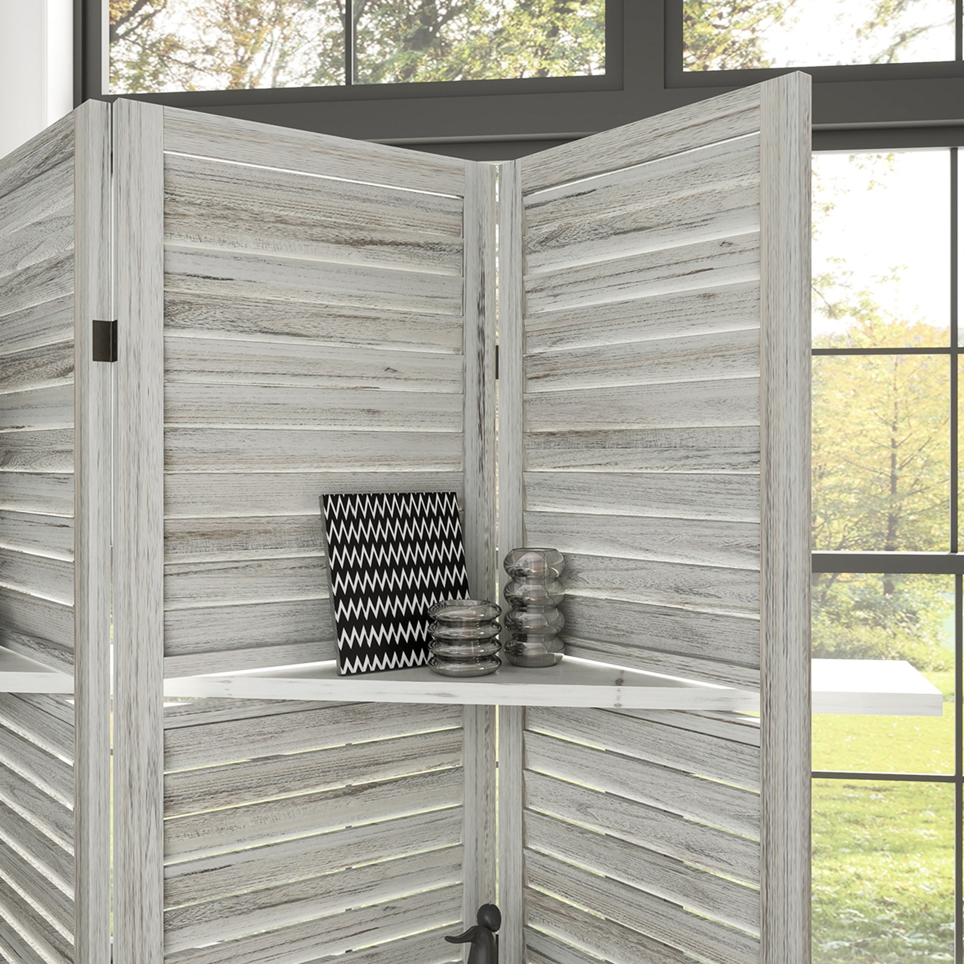 HOMCOM 4 Panel 67" Tall Wood Privacy Screen Room Divider with 3 Shelves and Folding Storage for Bedroom, Distressed White