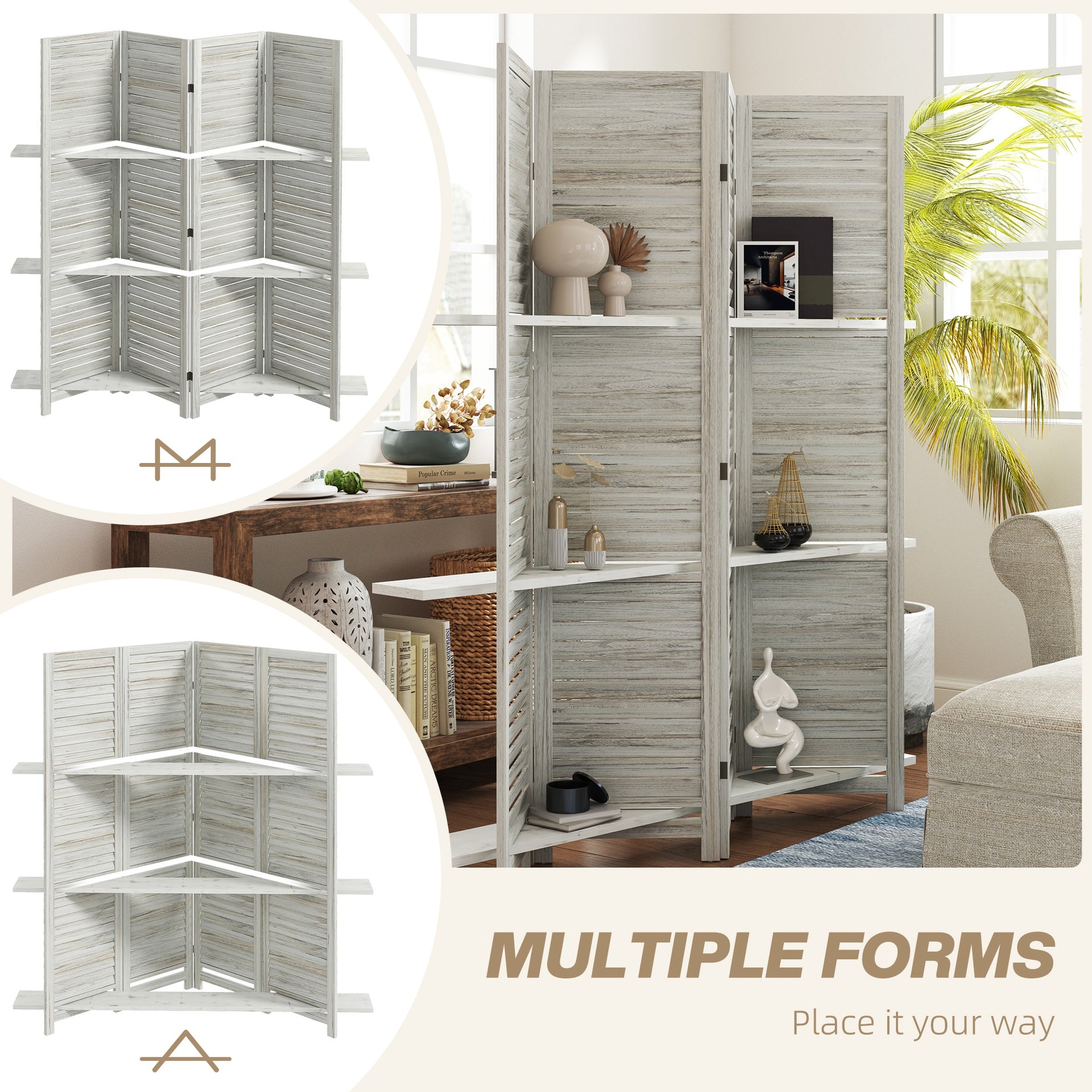 HOMCOM 4 Panel 67" Tall Wood Privacy Screen Room Divider with 3 Shelves and Folding Storage for Bedroom, Distressed White