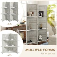 HOMCOM 4 Panel 67" Tall Wood Privacy Screen Room Divider with 3 Shelves and Folding Storage for Bedroom, Distressed White